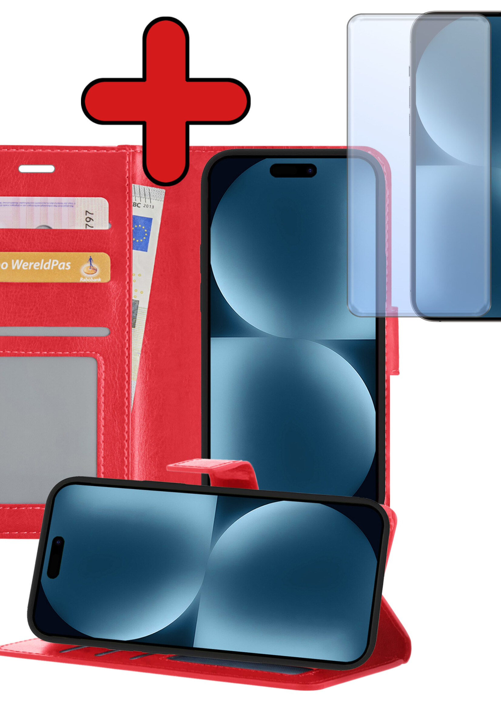 BTH Hoesje Geschikt voor iPhone 15 Pro Hoesje Book Case Hoes Portemonnee Cover Walletcase Met Screenprotector - Hoes Geschikt voor iPhone 15 Pro Hoes Bookcase Hoesje - Rood