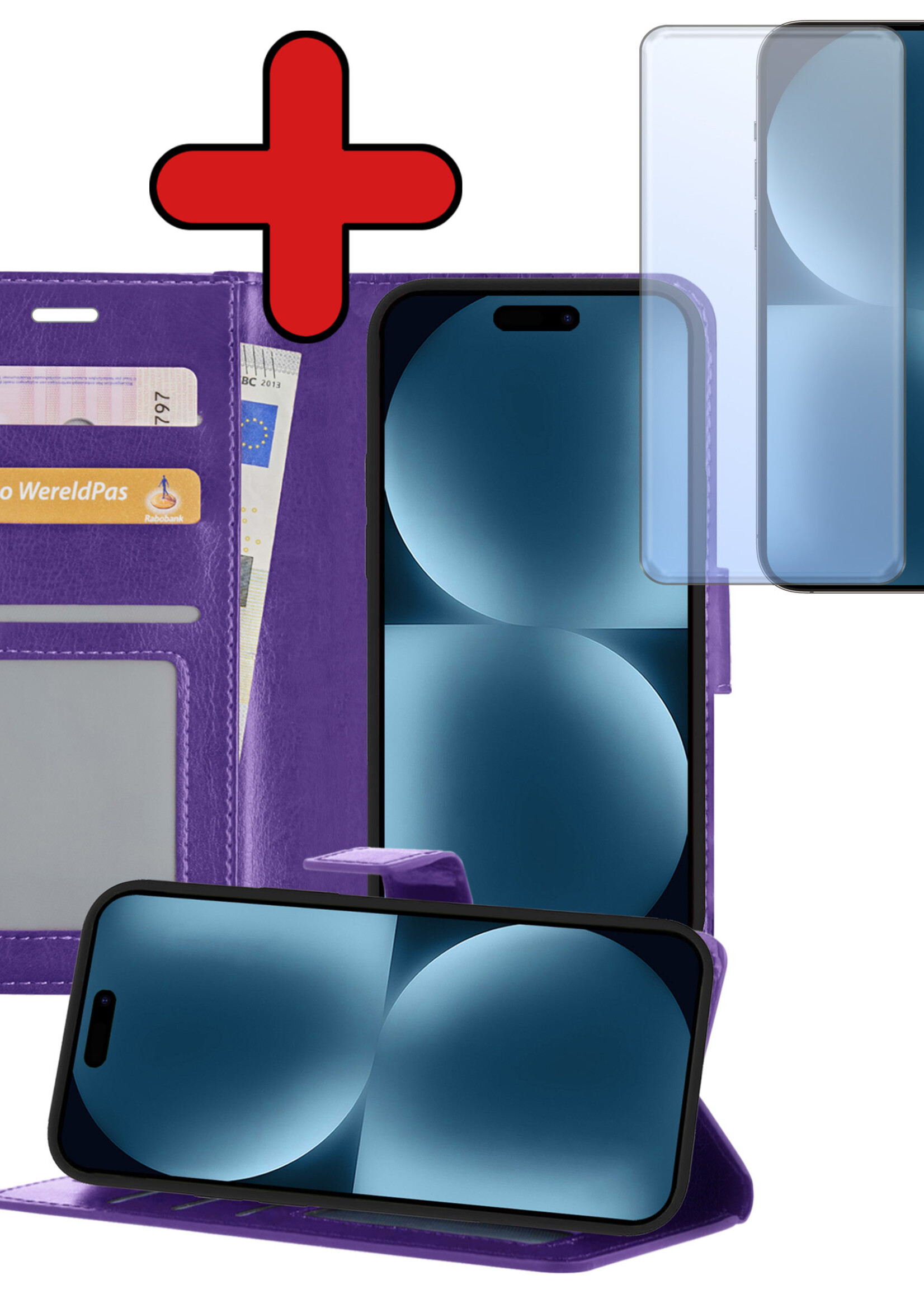 BTH Hoesje Geschikt voor iPhone 15 Pro Hoesje Book Case Hoes Portemonnee Cover Walletcase Met Screenprotector - Hoes Geschikt voor iPhone 15 Pro Hoes Bookcase Hoesje - Paars