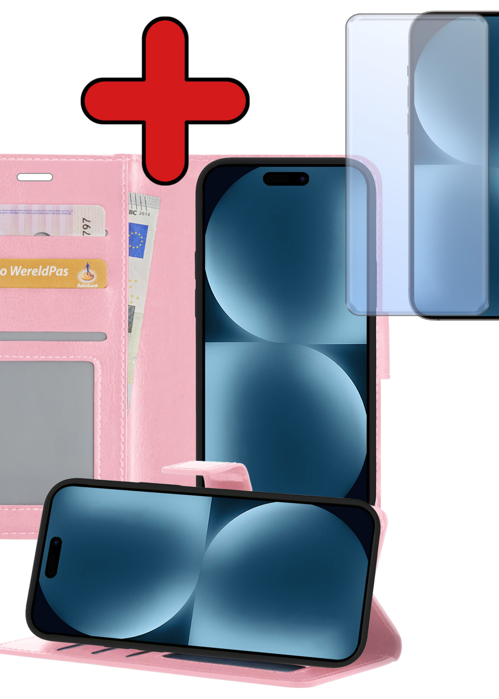 BTH Hoesje Geschikt voor iPhone 15 Pro Hoesje Book Case Hoes Portemonnee Cover Walletcase Met Screenprotector - Hoes Geschikt voor iPhone 15 Pro Hoes Bookcase Hoesje - Lichtroze