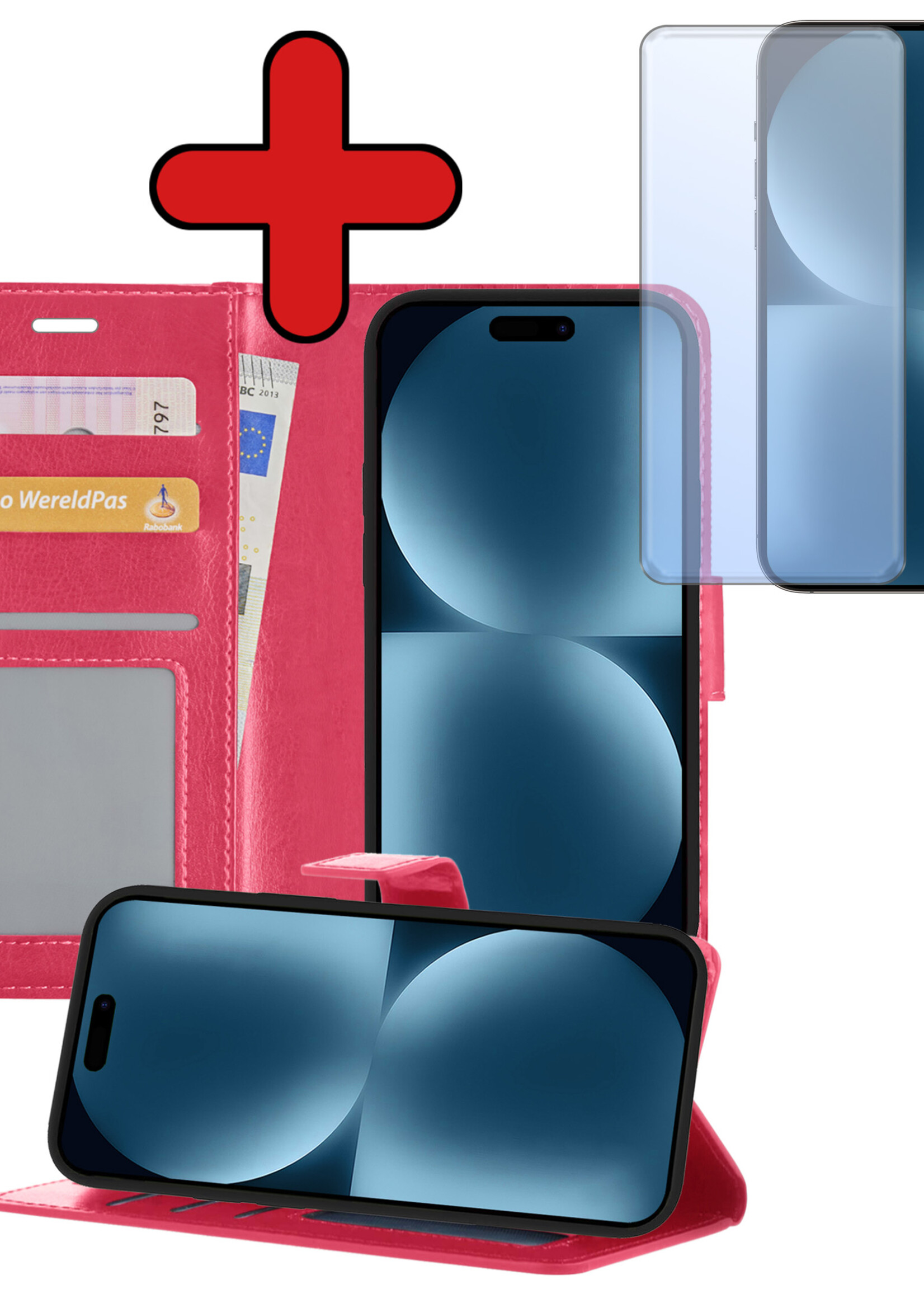 BTH Hoesje Geschikt voor iPhone 15 Pro Hoesje Book Case Hoes Portemonnee Cover Walletcase Met Screenprotector - Hoes Geschikt voor iPhone 15 Pro Hoes Bookcase Hoesje - Donkerroze