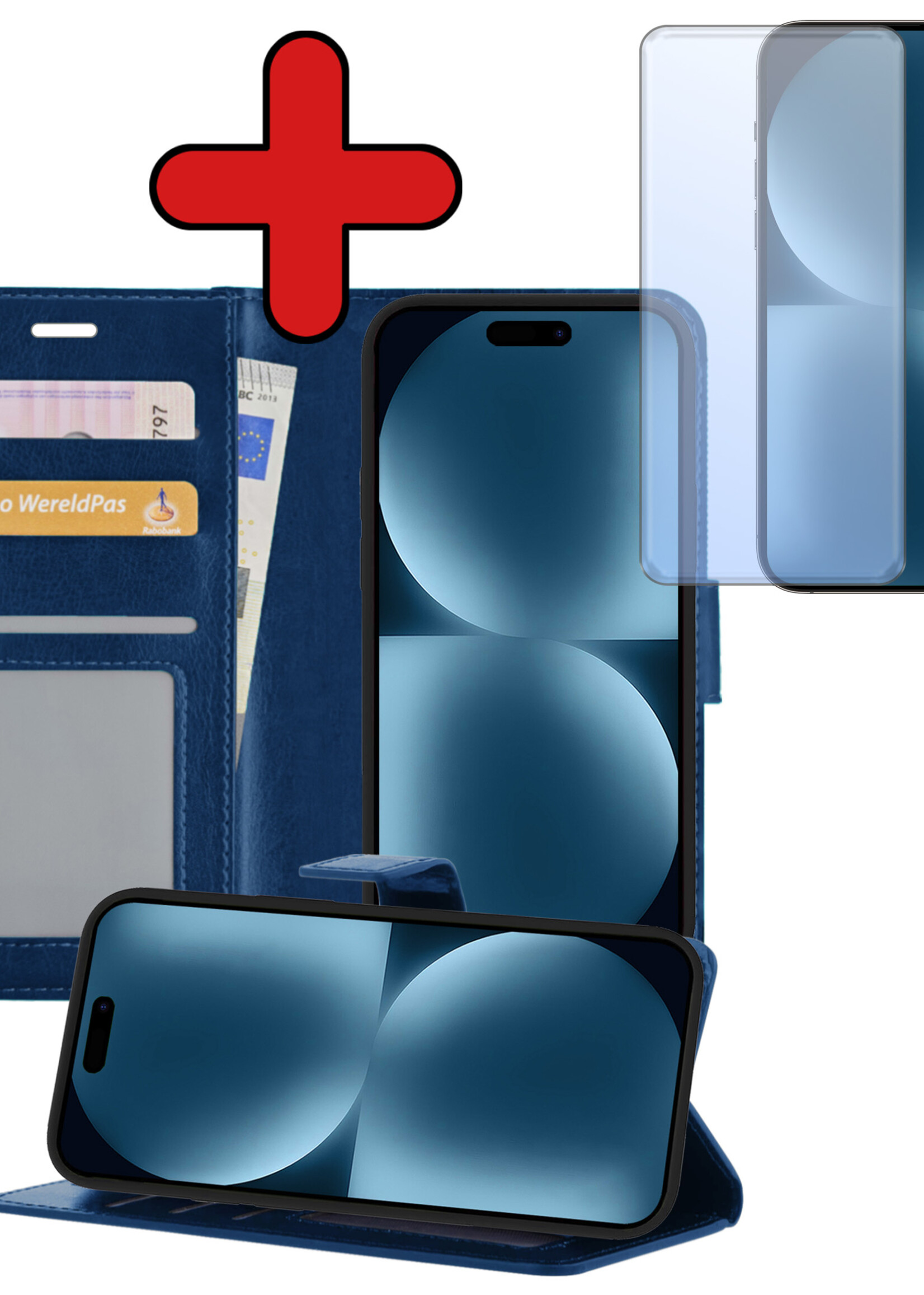 BTH Hoesje Geschikt voor iPhone 15 Pro Hoesje Book Case Hoes Portemonnee Cover Walletcase Met Screenprotector - Hoes Geschikt voor iPhone 15 Pro Hoes Bookcase Hoesje - Donkerblauw
