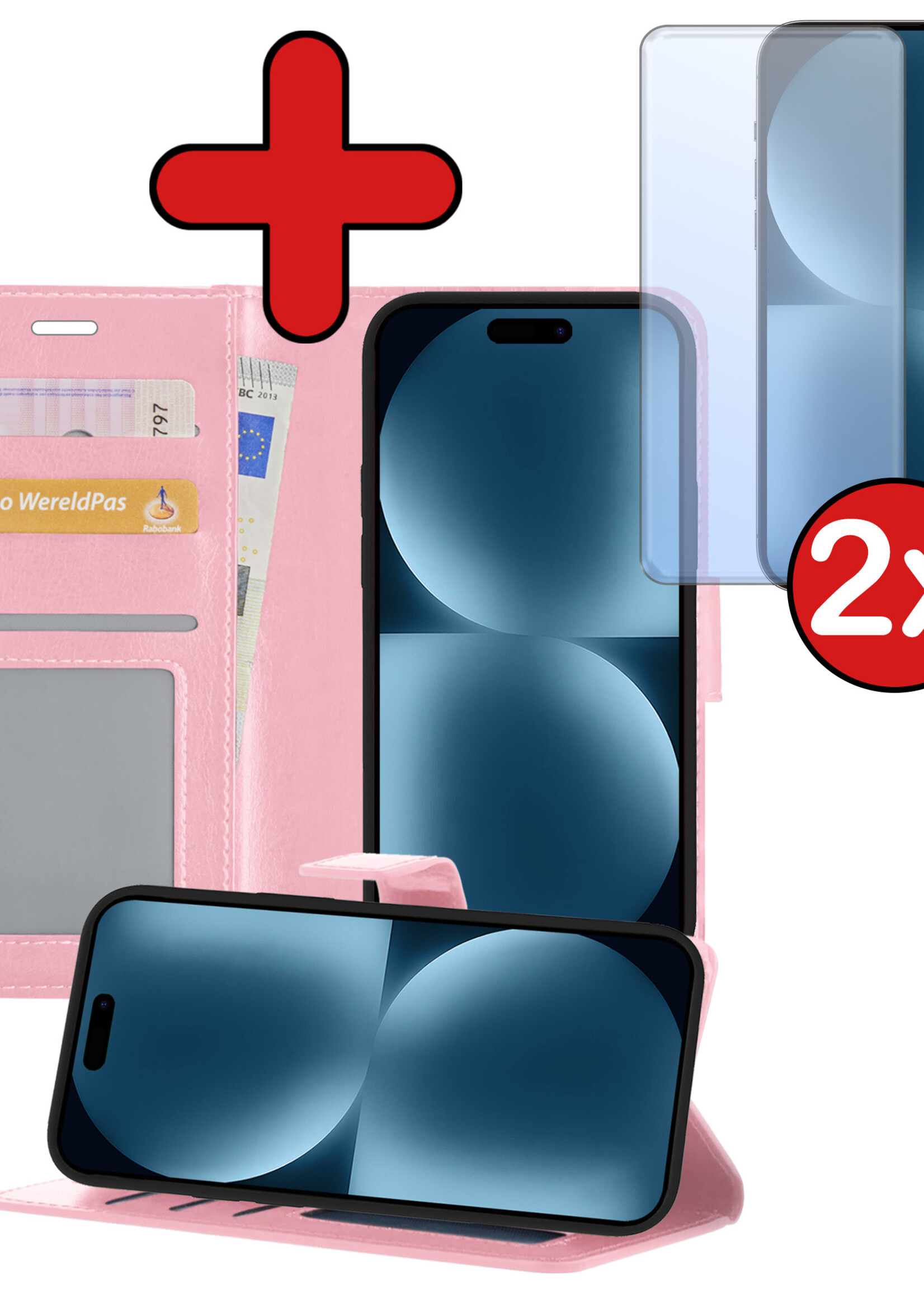 BTH Hoesje Geschikt voor iPhone 15 Plus Hoesje Book Case Hoes Portemonnee Cover Walletcase Met 2x Screenprotector - Hoes Geschikt voor iPhone 15 Plus Hoes Bookcase Hoesje - Lichtroze