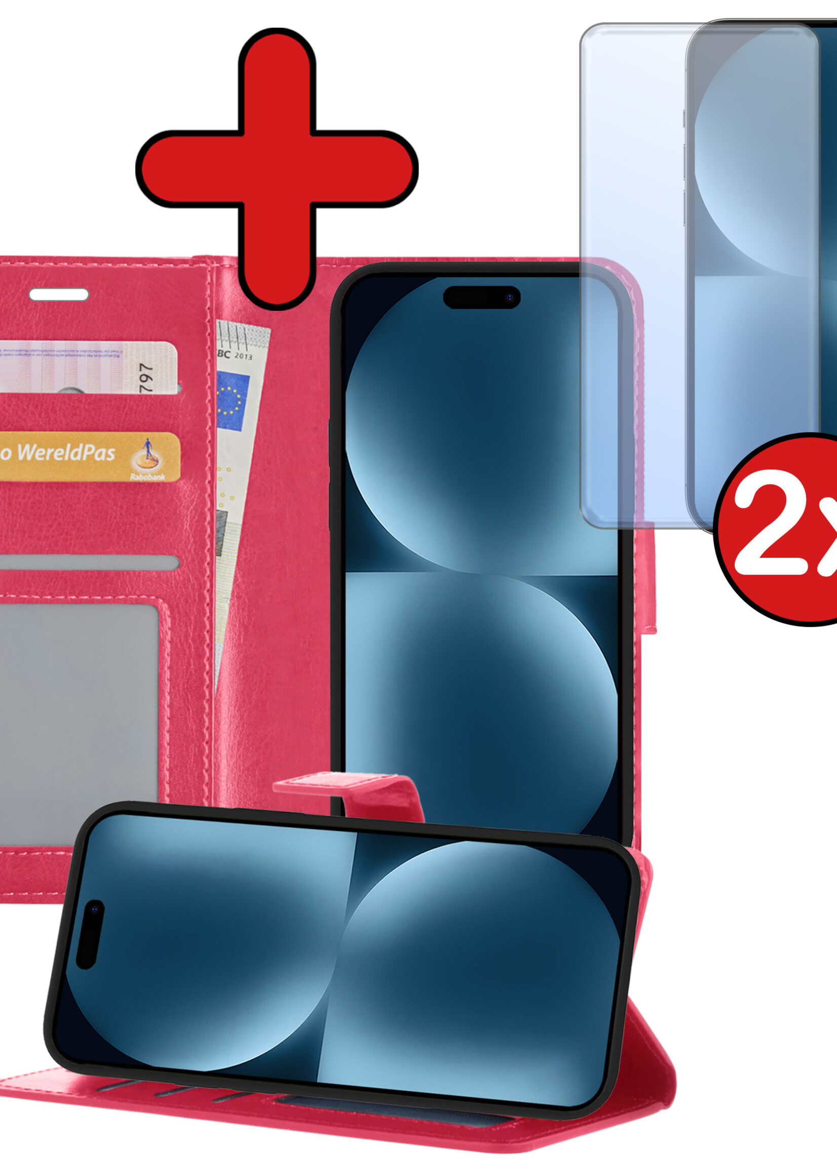 BTH Hoesje Geschikt voor iPhone 15 Plus Hoesje Book Case Hoes Portemonnee Cover Walletcase Met 2x Screenprotector - Hoes Geschikt voor iPhone 15 Plus Hoes Bookcase Hoesje - Donkerroze