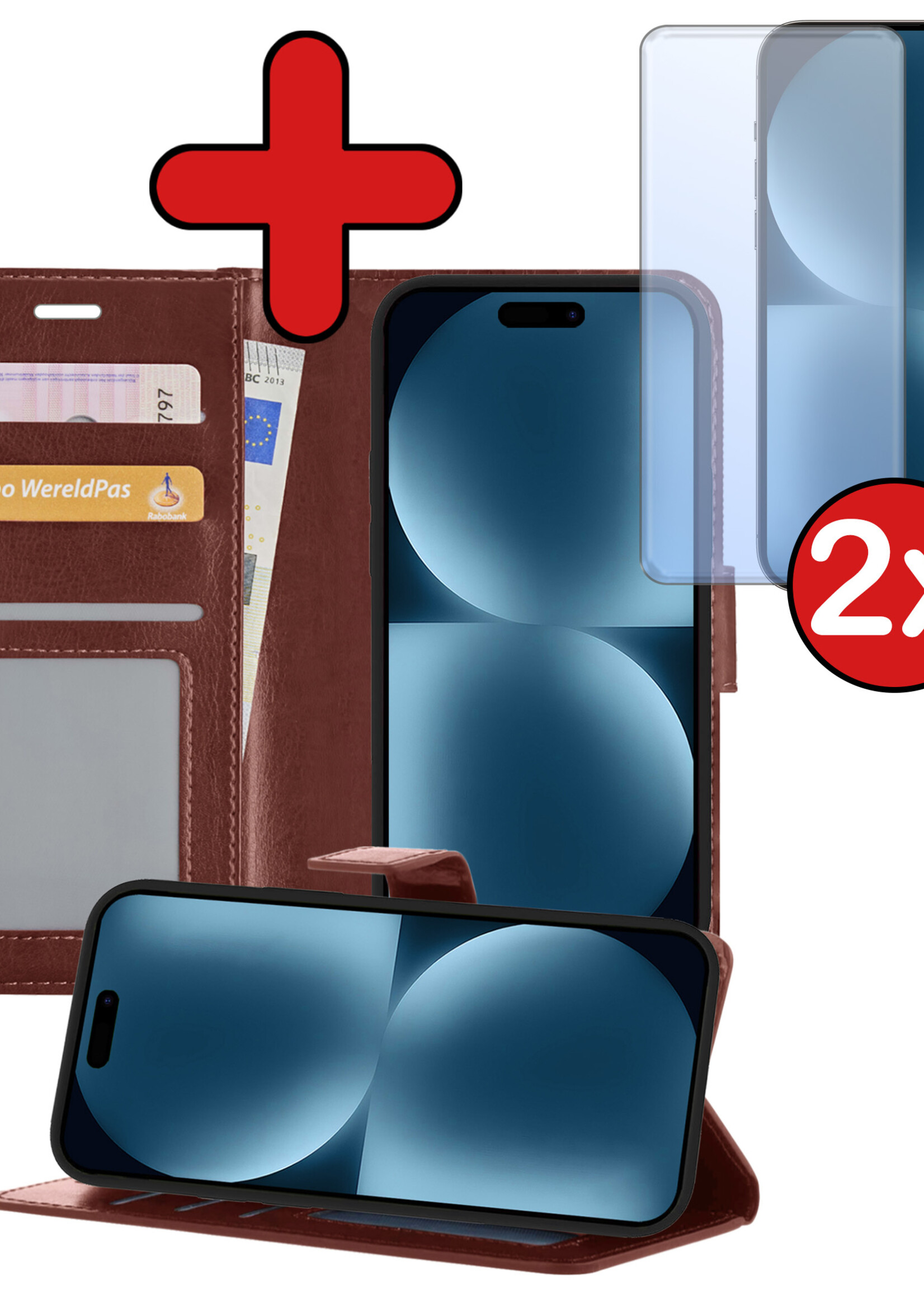 BTH Hoesje Geschikt voor iPhone 15 Plus Hoesje Book Case Hoes Portemonnee Cover Walletcase Met 2x Screenprotector - Hoes Geschikt voor iPhone 15 Plus Hoes Bookcase Hoesje - Bruin