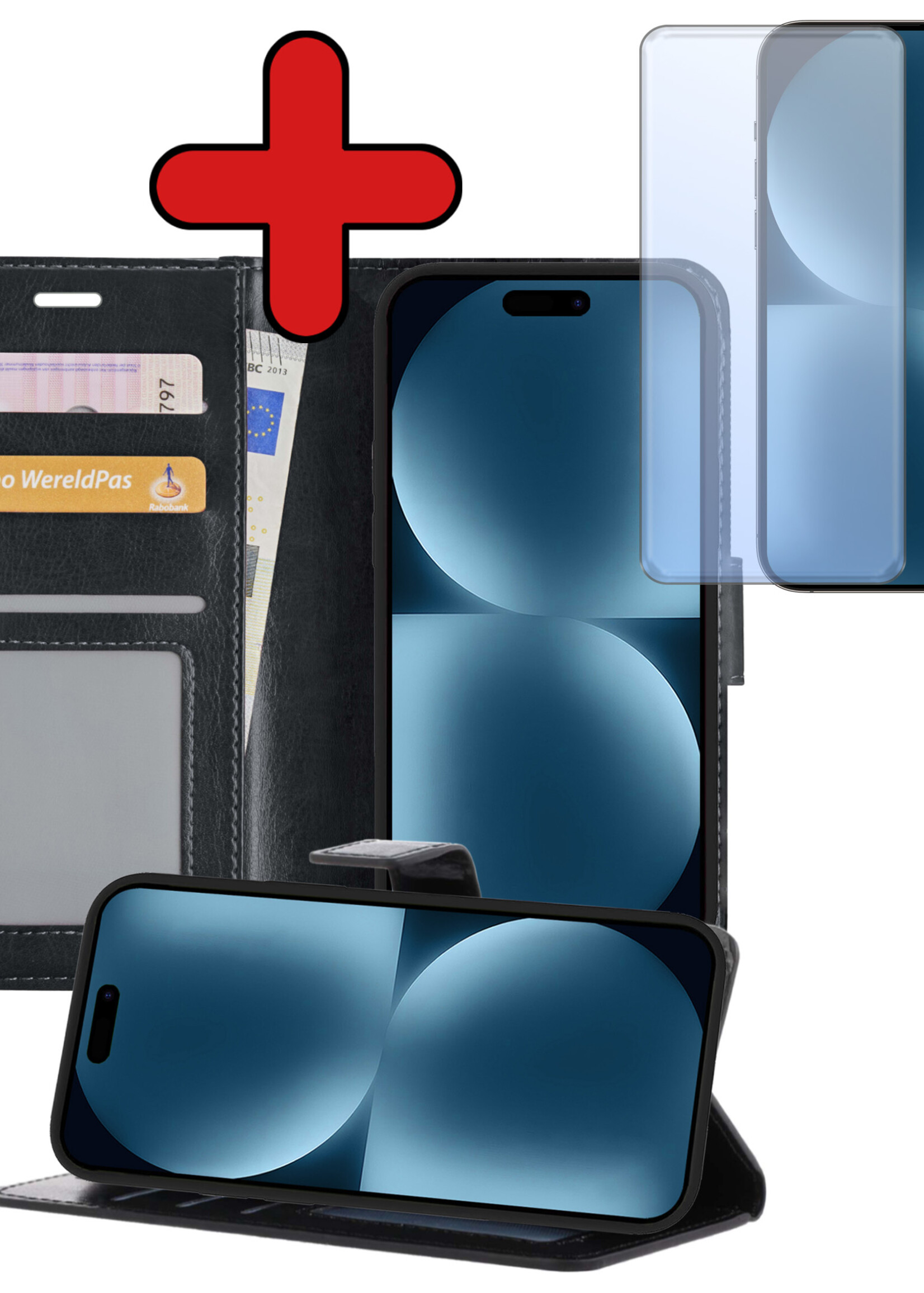 BTH Hoesje Geschikt voor iPhone 15 Plus Hoesje Book Case Hoes Portemonnee Cover Walletcase Met Screenprotector - Hoes Geschikt voor iPhone 15 Plus Hoes Bookcase Hoesje - Zwart