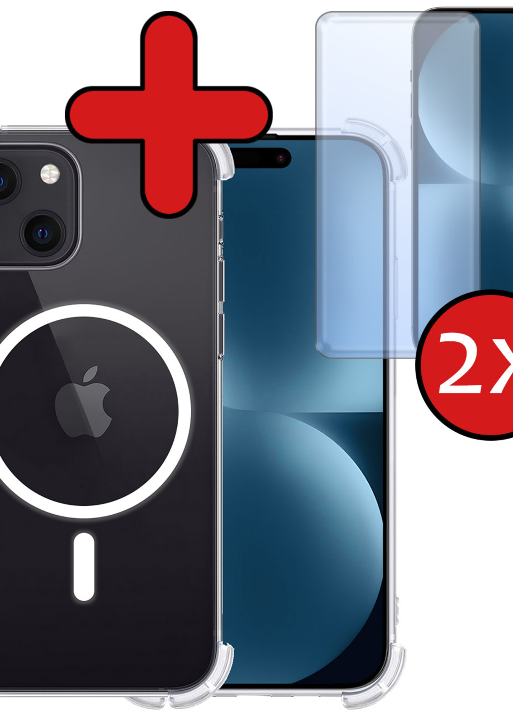 BTH Hoesje Geschikt voor iPhone 15 Hoesje Geschikt voor Magsafe Hoesje Shock Proof Cover Met 2x Screenprotector - Hoes Geschikt voor iPhone 15 Hoesje Magsafe Case Shockproof - Transparant
