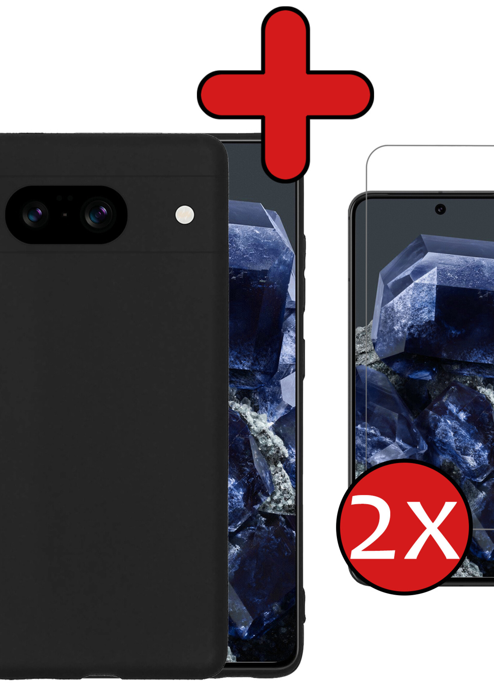 BTH Hoesje Geschikt voor Google Pixel 8 Hoesje Siliconen Case Hoes Met 2x Screenprotector - Hoes Geschikt voor Google Pixel 8 Hoes Cover Case - Zwart