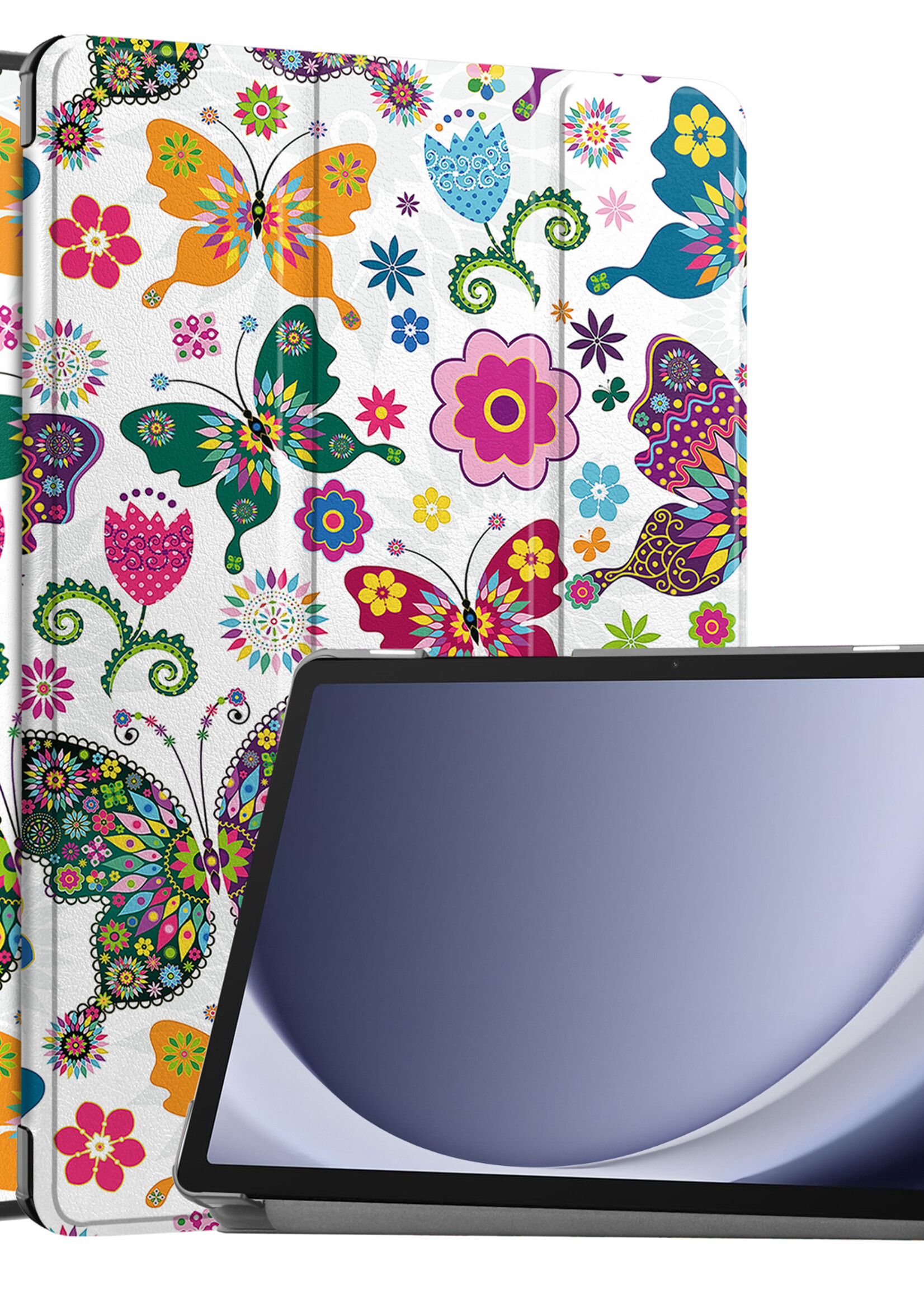 BTH Hoes Geschikt voor Samsung Galaxy Tab A9 Plus Hoes Book Case Hoesje Trifold Cover - Hoesje Geschikt voor Samsung Tab A9 Plus Hoesje Bookcase - Vlinders