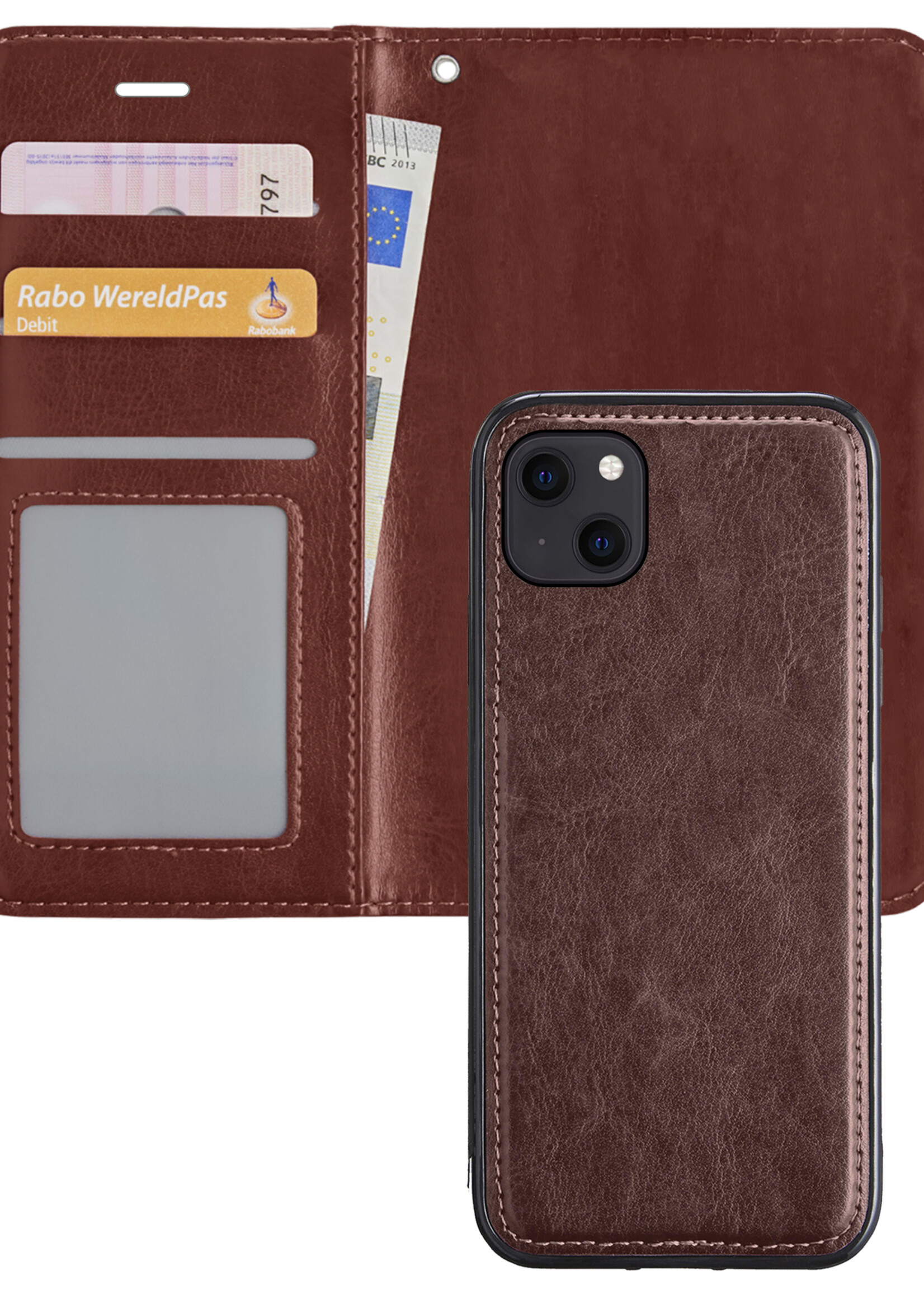 BTH Hoesje Geschikt voor iPhone 13 Mini Hoesje Book Case Uitneembare 2-in-1 Hoes - Hoes Geschikt voor iPhone 13 Mini Hoes Wallet Case Pashouder Hoesje - Bruin