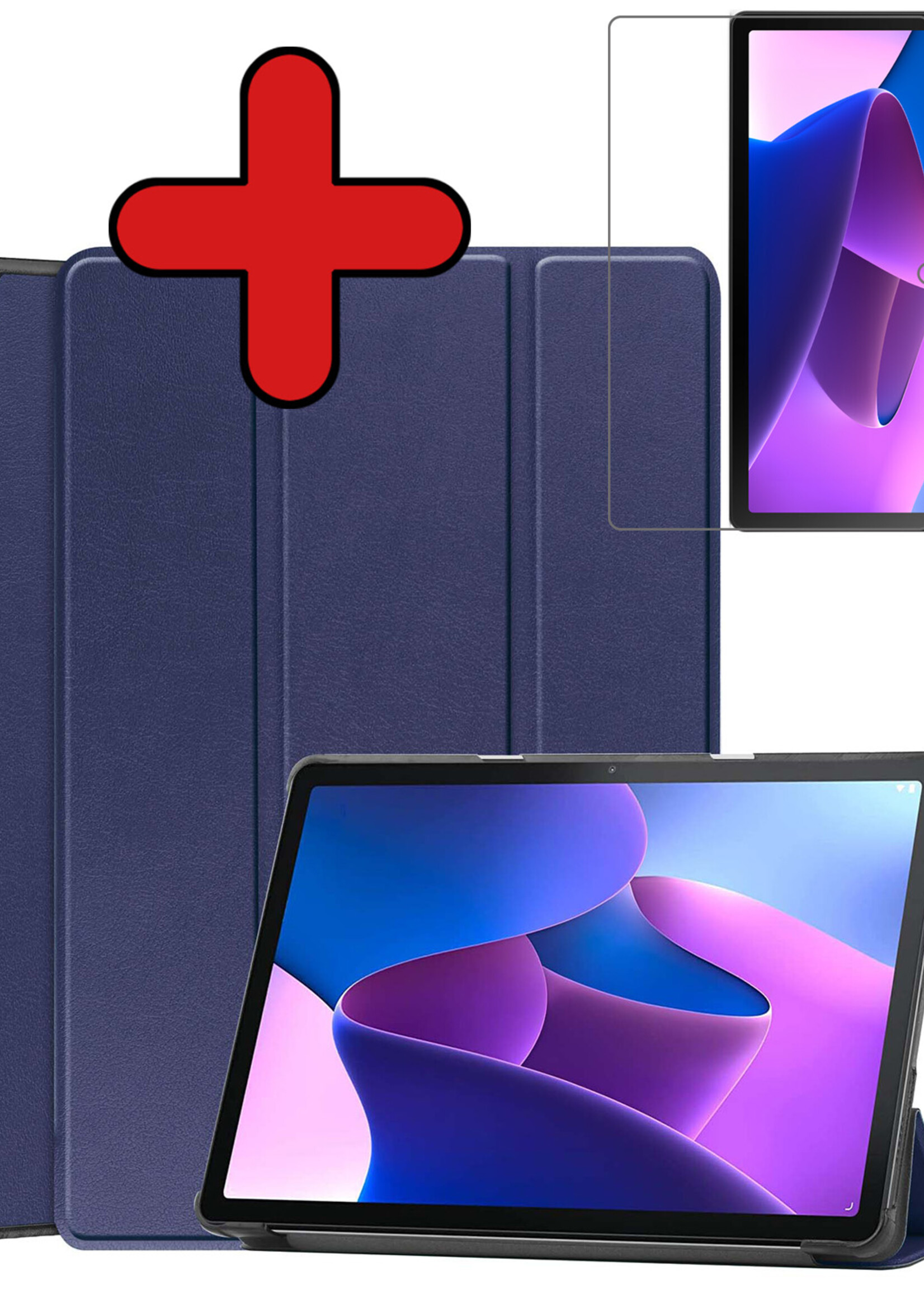 BTH Hoes Geschikt voor Lenovo Tab M10 (3rd gen) Hoes Book Case Hoesje Trifold Cover Met Screenprotector - Hoesje Geschikt voor Lenovo Tab M10 (3e gen) Hoesje Bookcase - Donkerblauw