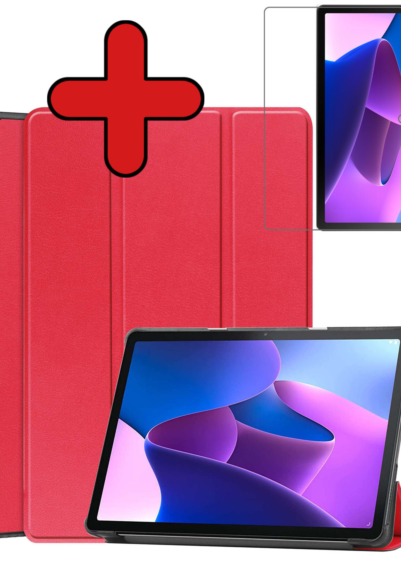 BTH Hoes Geschikt voor Lenovo Tab M10 (3rd gen) Hoes Book Case Hoesje Trifold Cover Met Screenprotector - Hoesje Geschikt voor Lenovo Tab M10 (3e gen) Hoesje Bookcase - Rood