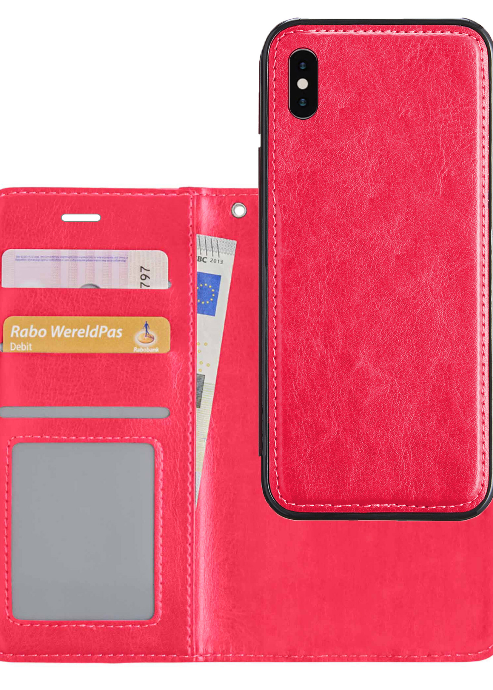BTH Hoesje Geschikt voor iPhone X Hoesje Book Case Uitneembare 2-in-1 Hoes - Hoes Geschikt voor iPhone X Hoes Wallet Case Pashouder Hoesje - Donkerroze
