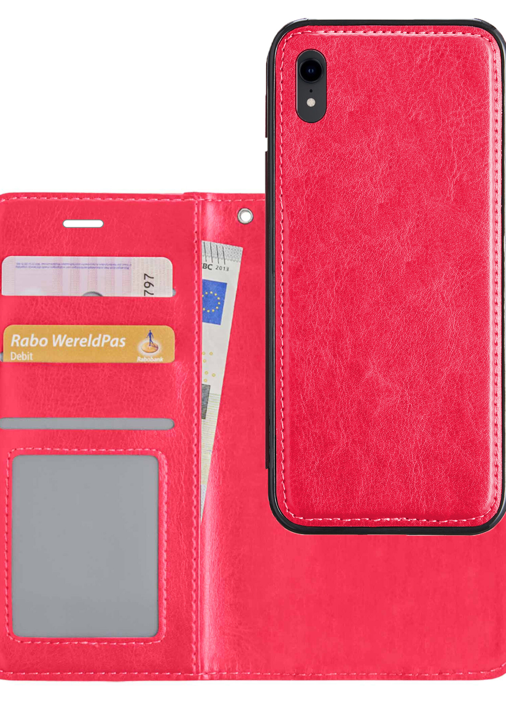 BTH Hoesje Geschikt voor iPhone XR Hoesje Book Case Uitneembare 2-in-1 Hoes - Hoes Geschikt voor iPhone XR Hoes Wallet Case Pashouder Hoesje - Donkerroze