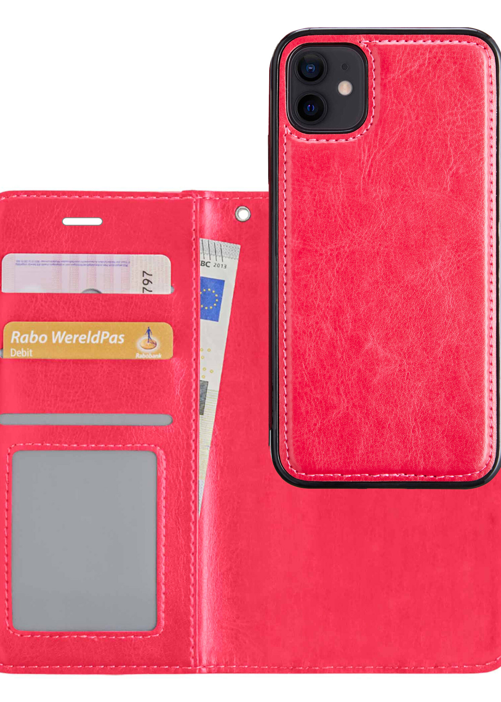 BTH Hoesje Geschikt voor iPhone 12 Mini Hoesje Book Case Uitneembare 2-in-1 Hoes - Hoes Geschikt voor iPhone 12 Mini Hoes Wallet Case Pashouder Hoesje - Donkerroze