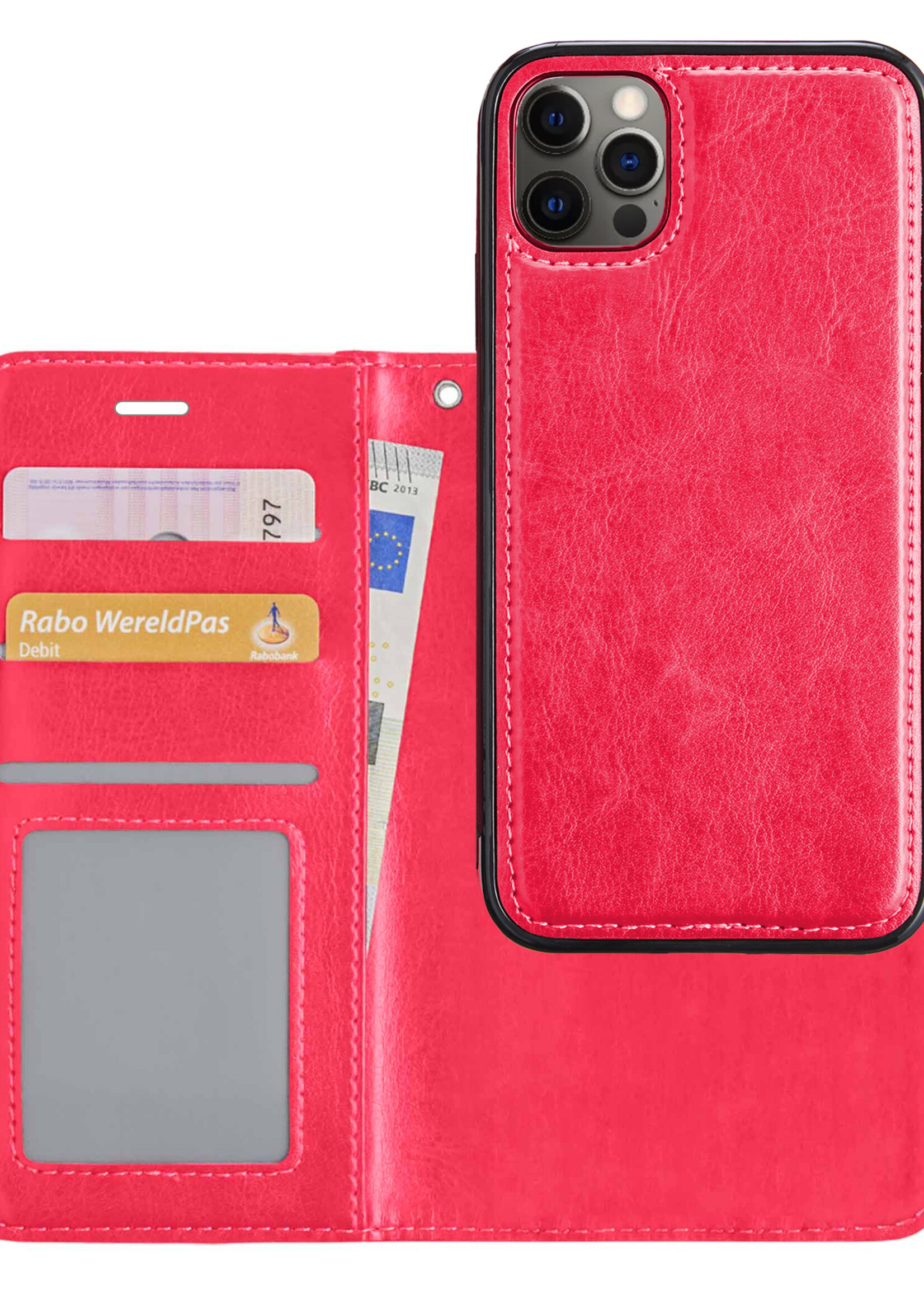 BTH Hoesje Geschikt voor iPhone 12 Pro Max Hoesje Book Case Uitneembare 2-in-1 Hoes - Hoes Geschikt voor iPhone 12 Pro Max Hoes Wallet Case Pashouder Hoesje - Donkerroze