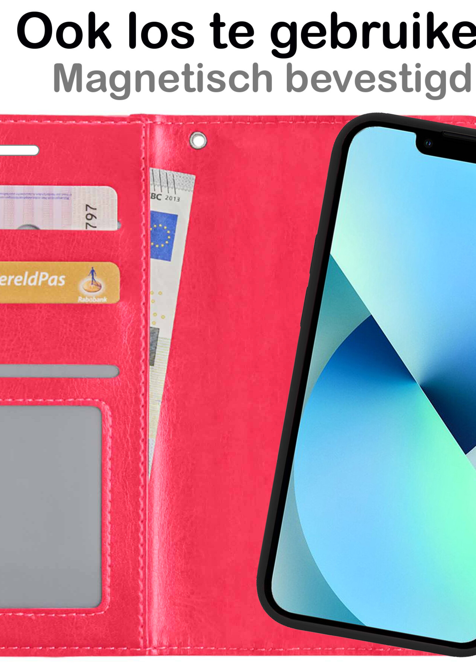 BTH Hoesje Geschikt voor iPhone 13 Hoesje Book Case Uitneembare 2-in-1 Hoes - Hoes Geschikt voor iPhone 13 Hoes Wallet Case Pashouder Hoesje - Donkerroze