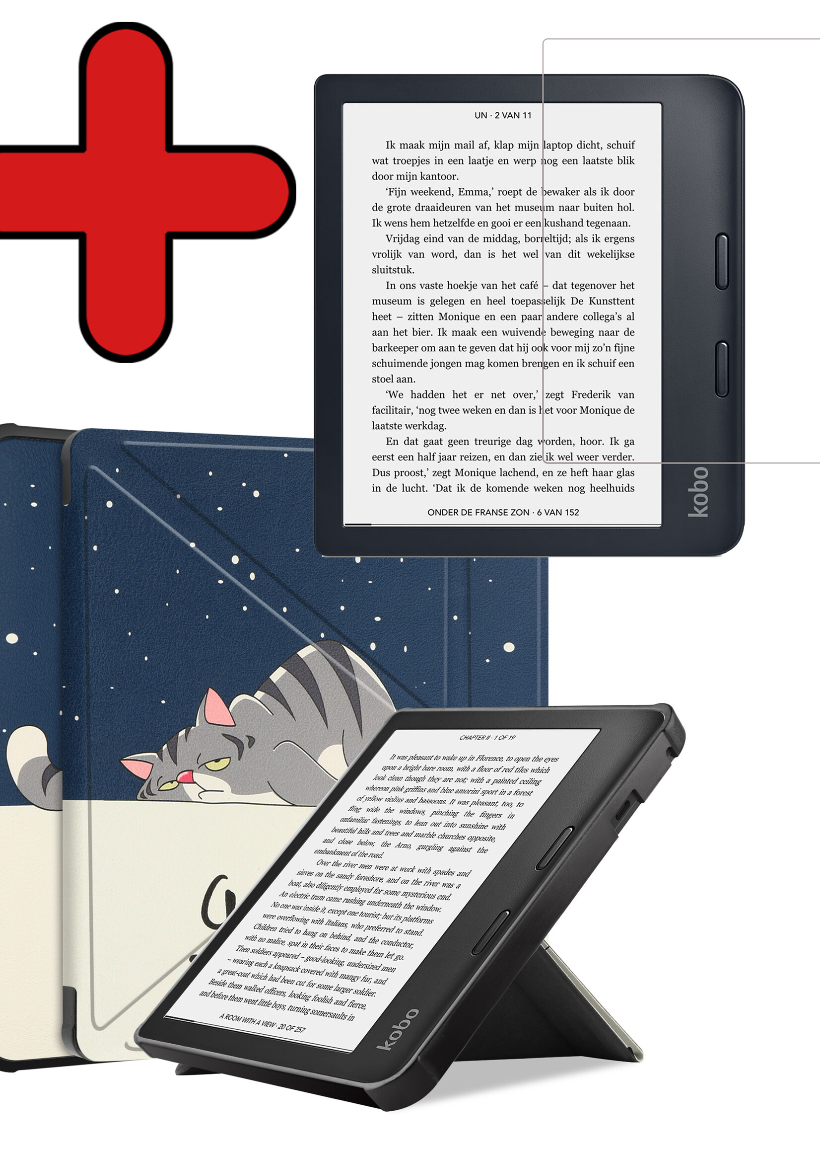 BTH Hoesje Geschikt voor Kobo Libra 2 Hoesje Luxe Bescherm Case Met Screenprotector - Hoes Geschikt voor Kobo Libra 2 Hoes Book Cover - Kat