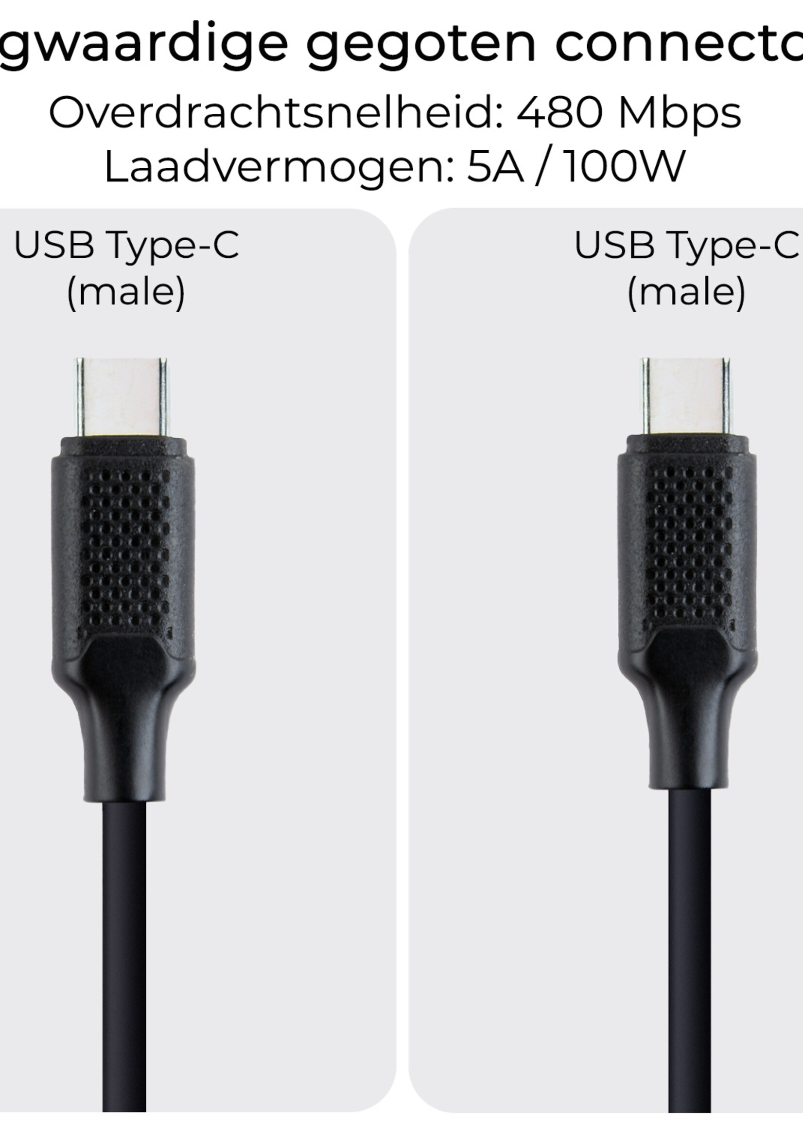 BTH USB-C Kabels Oplaadkabel (100W) Datakabel USB C Kabel - USB C naar USB C Kabel - USB C Oplader - 1.5 meter - Zwart