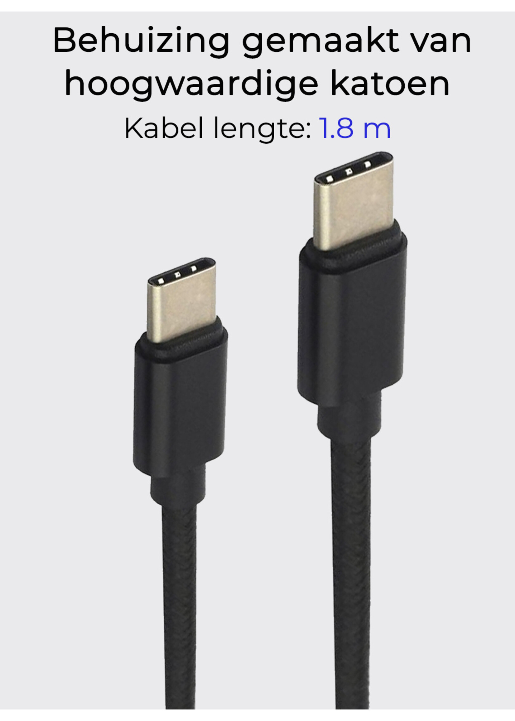 BTH USB-C Kabels Oplaadkabel Datakabel USB C Kabel Nylon Gevlochten - USB C naar USB C Kabel - USB C Oplader - 1.8 meter - Zwart