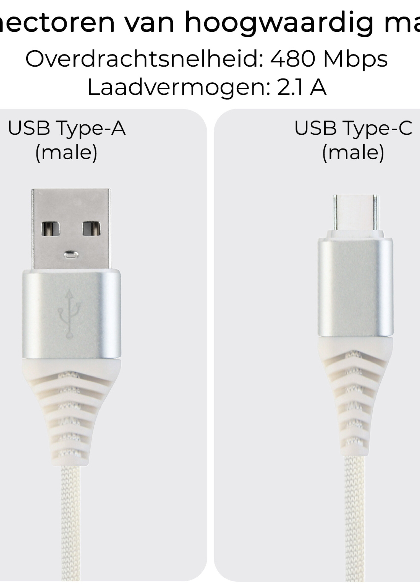 BTH USB-C Kabels Oplaadkabel Datakabel USB C Kabel Nylon Gevlochten - USB C naar USB A Kabel - USB C Oplader - 2 meter - Wit