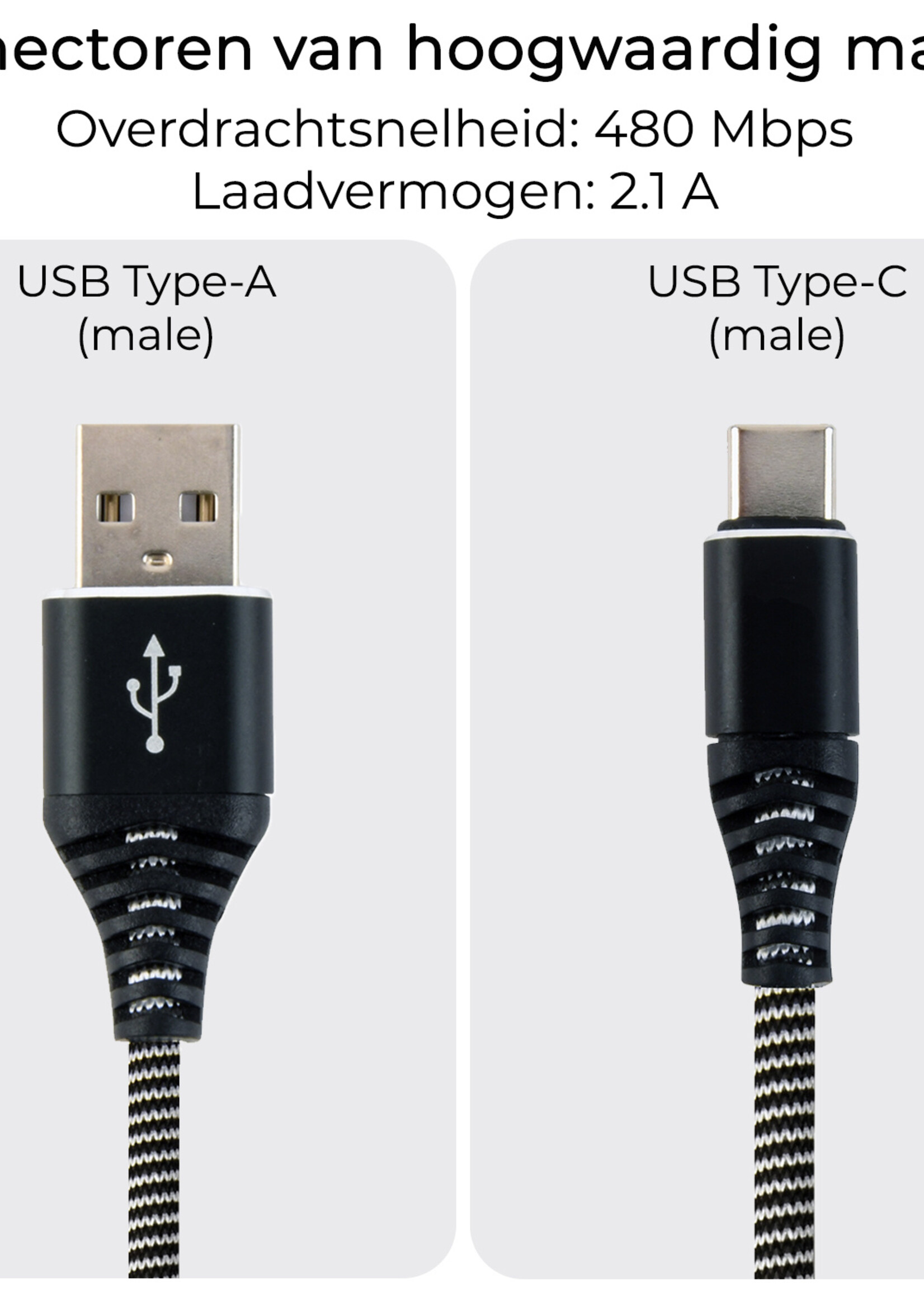 BTH USB-C Kabels Oplaadkabel Datakabel USB C Kabel Nylon Gevlochten - USB C naar USB A Kabel - USB C Oplader - 2 meter - Zwart/Wit