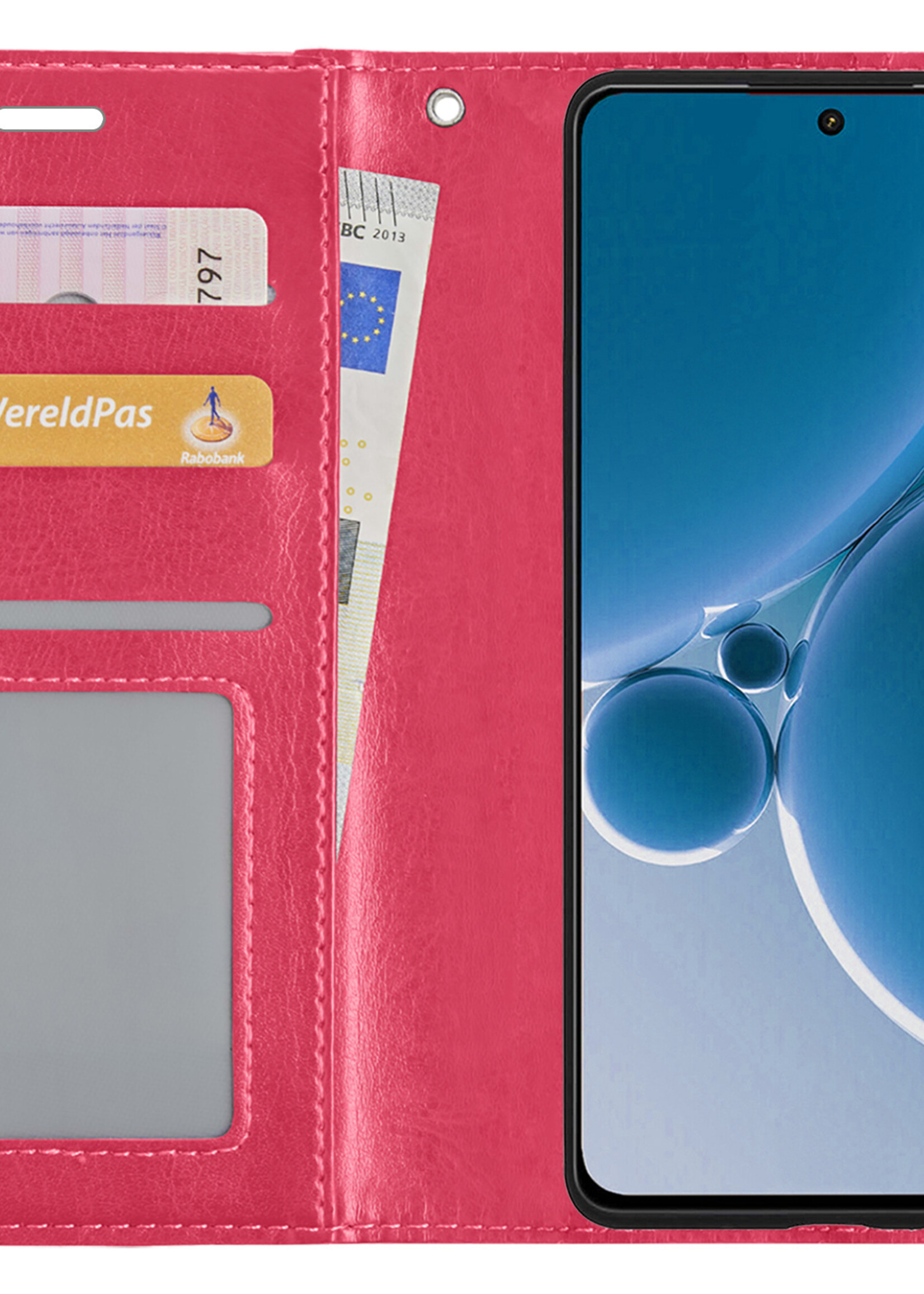 BTH Hoesje Geschikt voor OnePlus Nord 3 Hoesje Book Case Hoes Portemonnee Cover Walletcase Met 2x Screenprotector - Hoes Geschikt voor OnePlus Nord 3 Hoes Bookcase Hoesje - Donkerroze