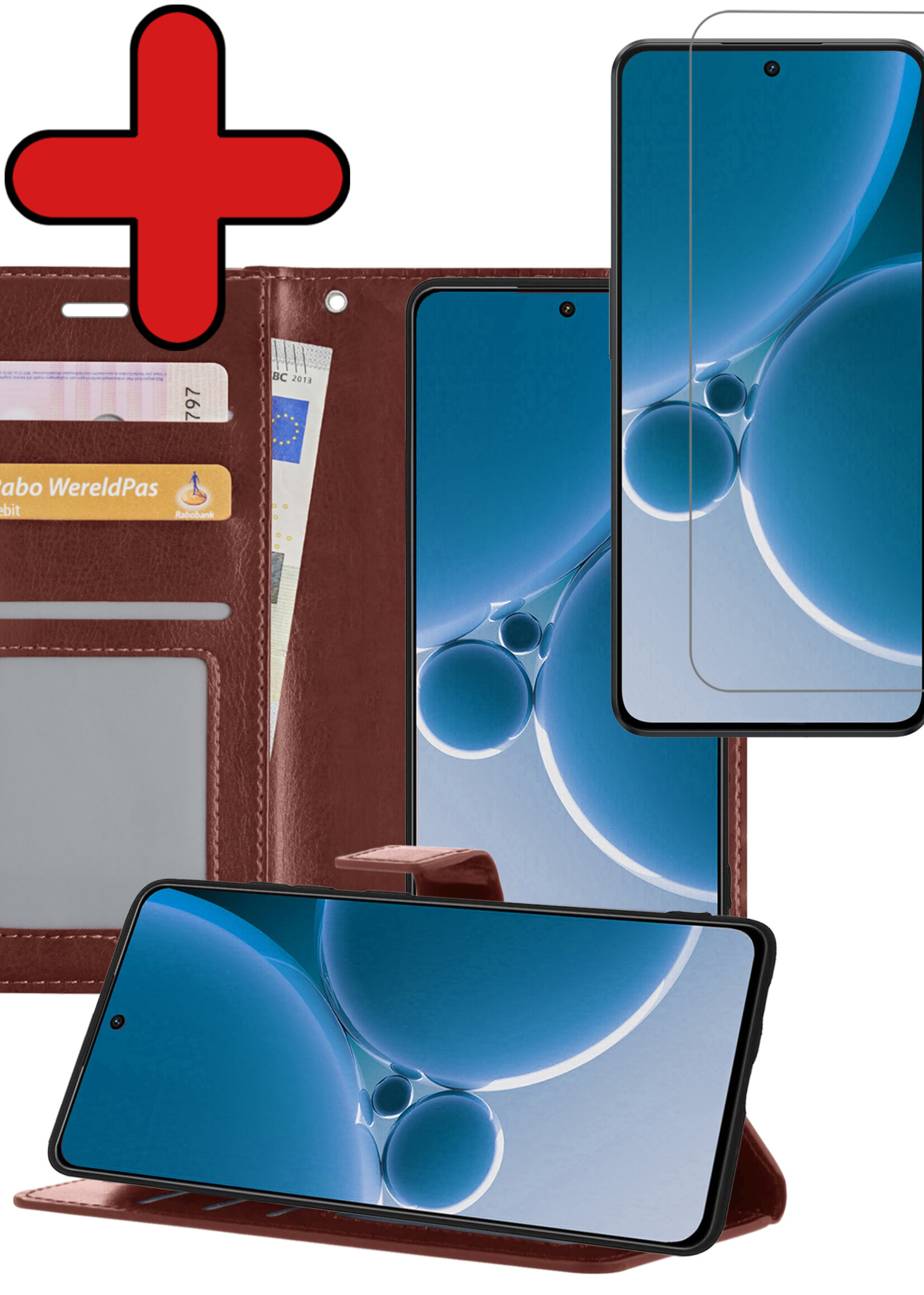 BTH Hoesje Geschikt voor OnePlus Nord 3 Hoesje Book Case Hoes Portemonnee Cover Walletcase Met Screenprotector - Hoes Geschikt voor OnePlus Nord 3 Hoes Bookcase Hoesje - Bruin