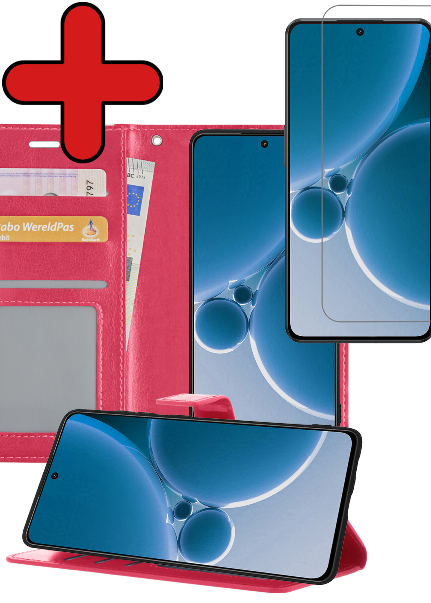 BTH Hoesje Geschikt voor OnePlus Nord 3 Hoesje Book Case Hoes Portemonnee Cover Walletcase Met Screenprotector - Hoes Geschikt voor OnePlus Nord 3 Hoes Bookcase Hoesje - Donkerroze