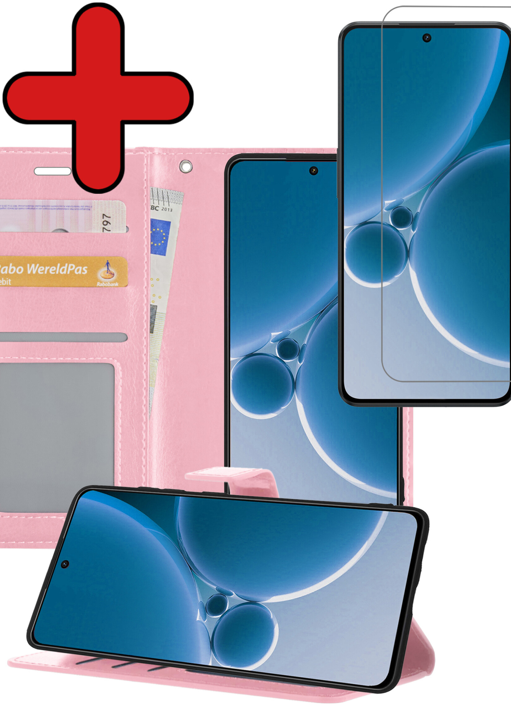 BTH Hoesje Geschikt voor OnePlus Nord 3 Hoesje Book Case Hoes Portemonnee Cover Walletcase Met Screenprotector - Hoes Geschikt voor OnePlus Nord 3 Hoes Bookcase Hoesje - Lichtroze