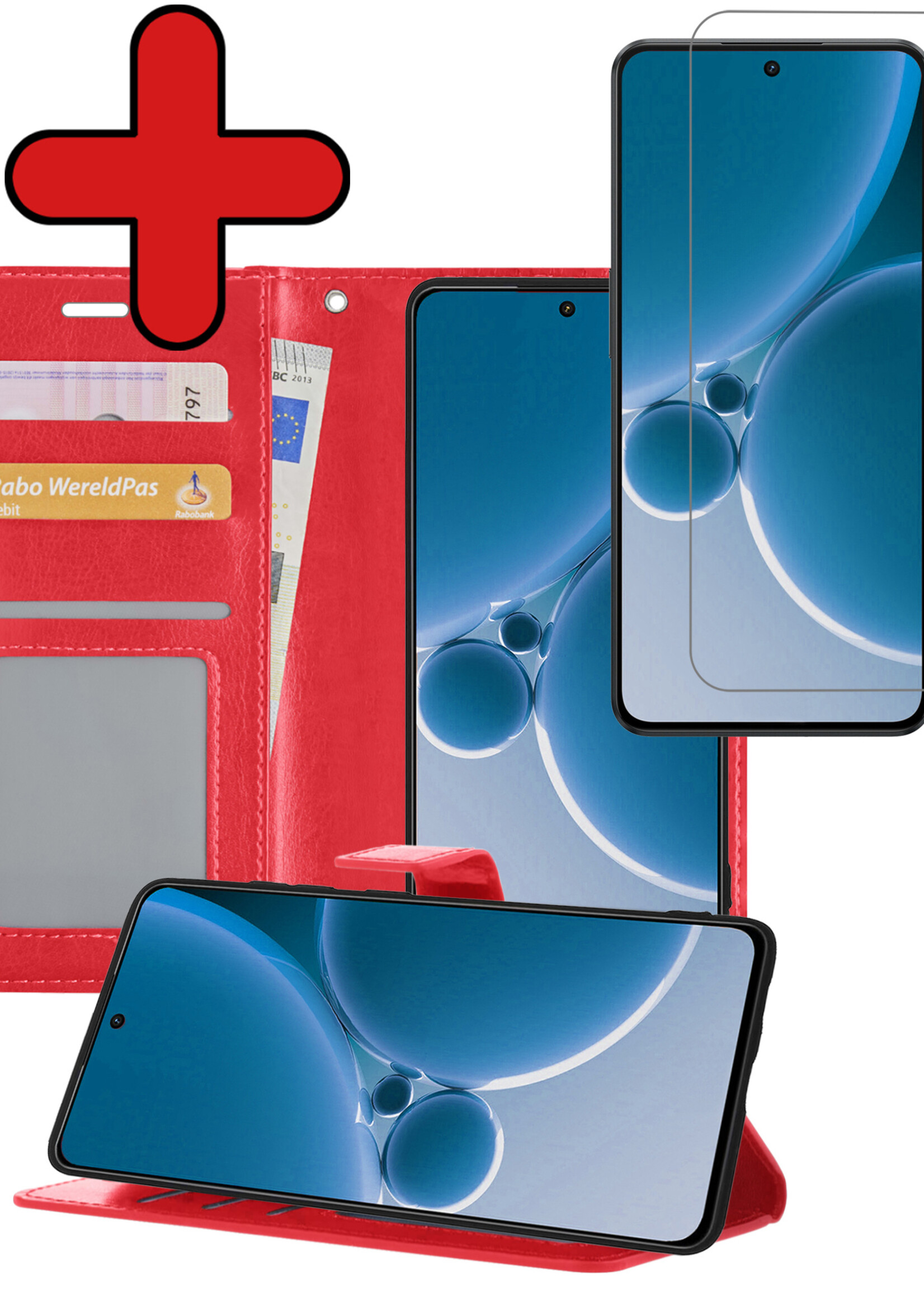 BTH Hoesje Geschikt voor OnePlus Nord 3 Hoesje Book Case Hoes Portemonnee Cover Walletcase Met Screenprotector - Hoes Geschikt voor OnePlus Nord 3 Hoes Bookcase Hoesje - Rood