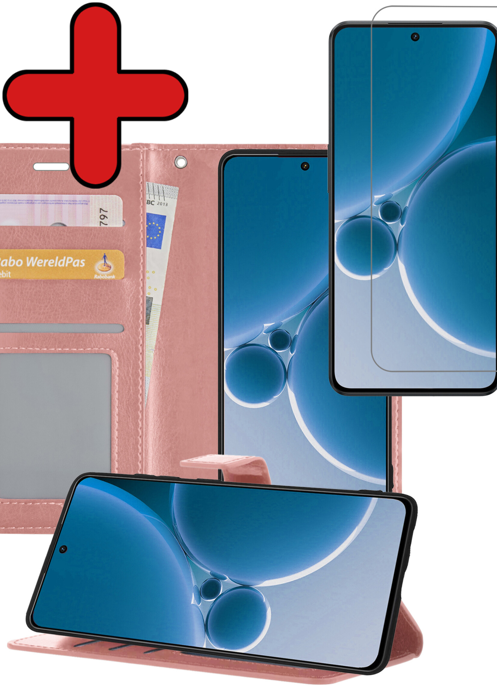 BTH Hoesje Geschikt voor OnePlus Nord 3 Hoesje Book Case Hoes Portemonnee Cover Walletcase Met Screenprotector - Hoes Geschikt voor OnePlus Nord 3 Hoes Bookcase Hoesje - Rosé goud