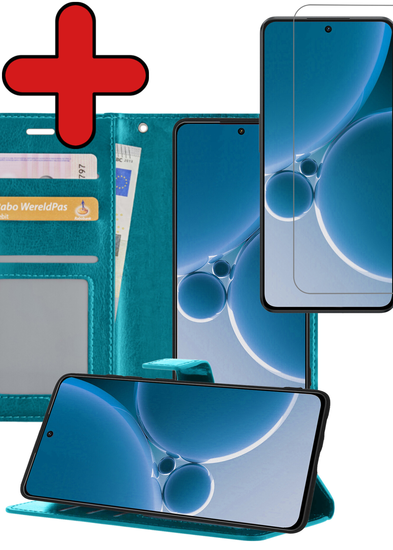 BTH Hoesje Geschikt voor OnePlus Nord 3 Hoesje Book Case Hoes Portemonnee Cover Walletcase Met Screenprotector - Hoes Geschikt voor OnePlus Nord 3 Hoes Bookcase Hoesje - Turquoise