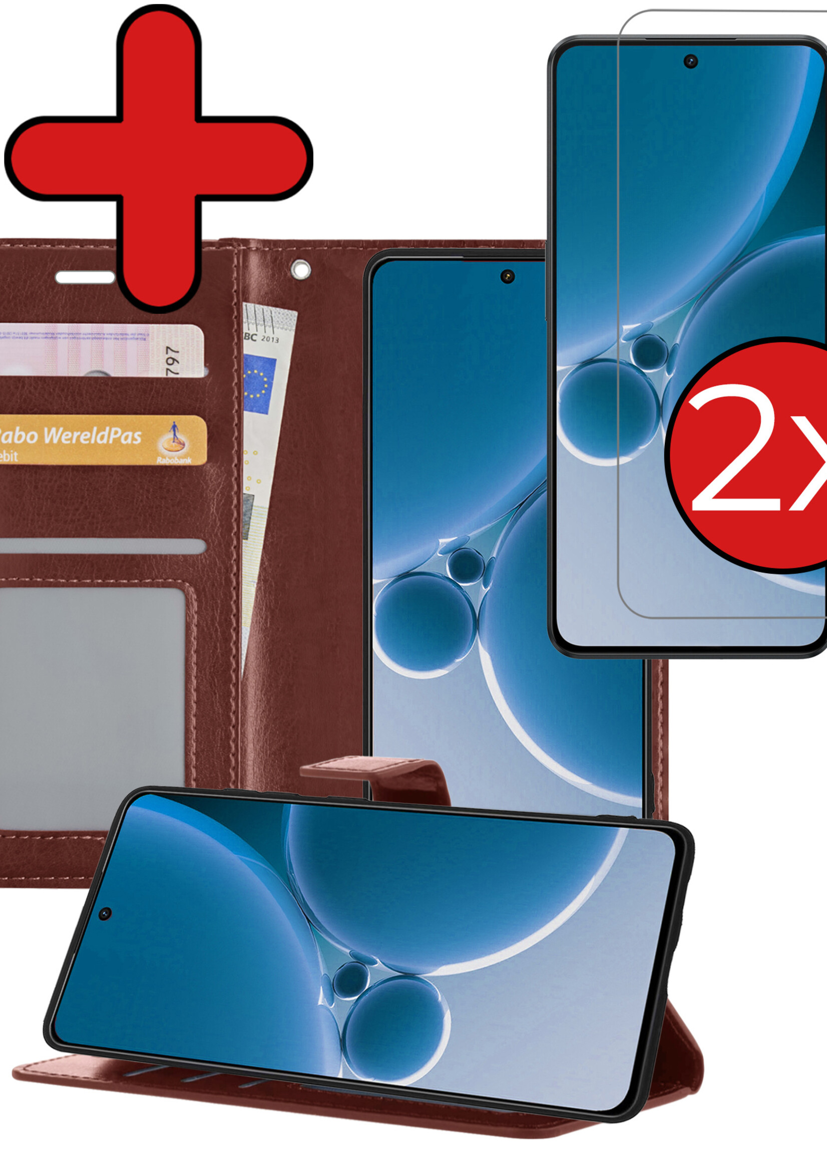 BTH Hoesje Geschikt voor OnePlus Nord 3 Hoesje Book Case Hoes Portemonnee Cover Walletcase Met 2x Screenprotector - Hoes Geschikt voor OnePlus Nord 3 Hoes Bookcase Hoesje - Bruin