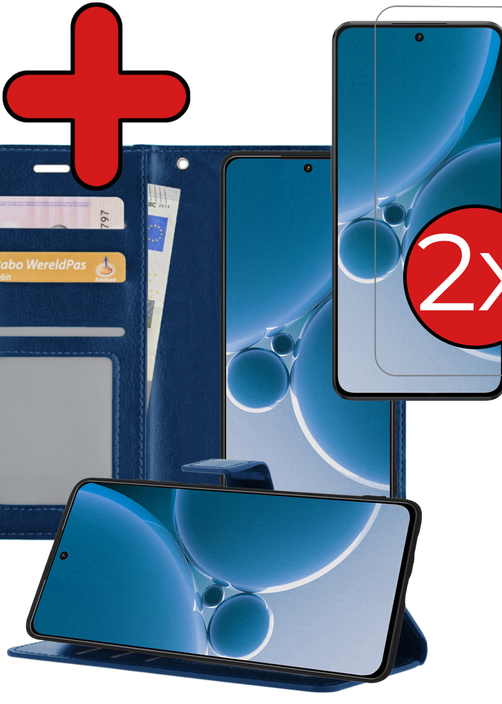 BTH Hoesje Geschikt voor OnePlus Nord 3 Hoesje Book Case Hoes Portemonnee Cover Walletcase Met 2x Screenprotector - Hoes Geschikt voor OnePlus Nord 3 Hoes Bookcase Hoesje - Donkerblauw