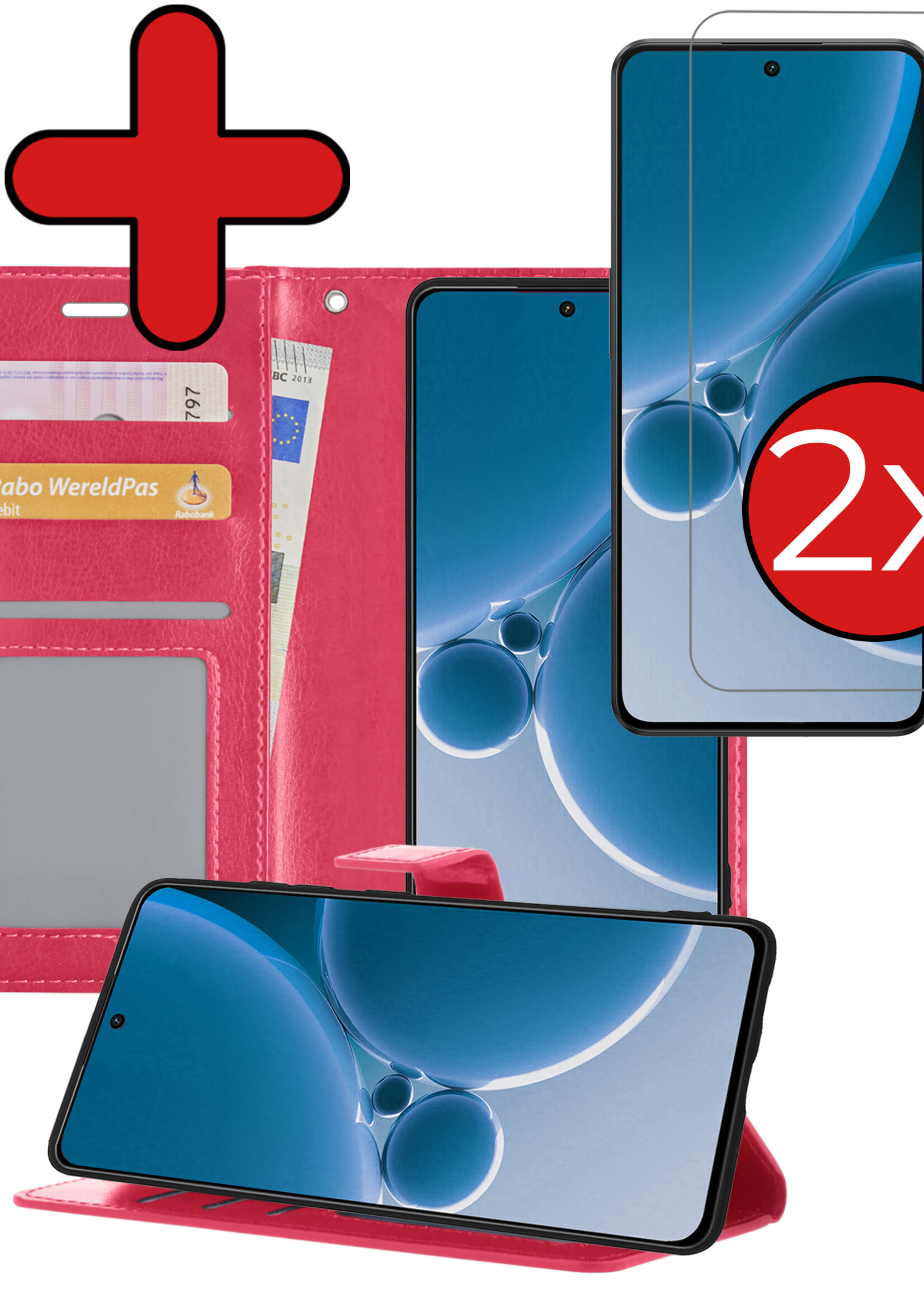 BTH Hoesje Geschikt voor OnePlus Nord 3 Hoesje Book Case Hoes Portemonnee Cover Walletcase Met 2x Screenprotector - Hoes Geschikt voor OnePlus Nord 3 Hoes Bookcase Hoesje - Donkerroze