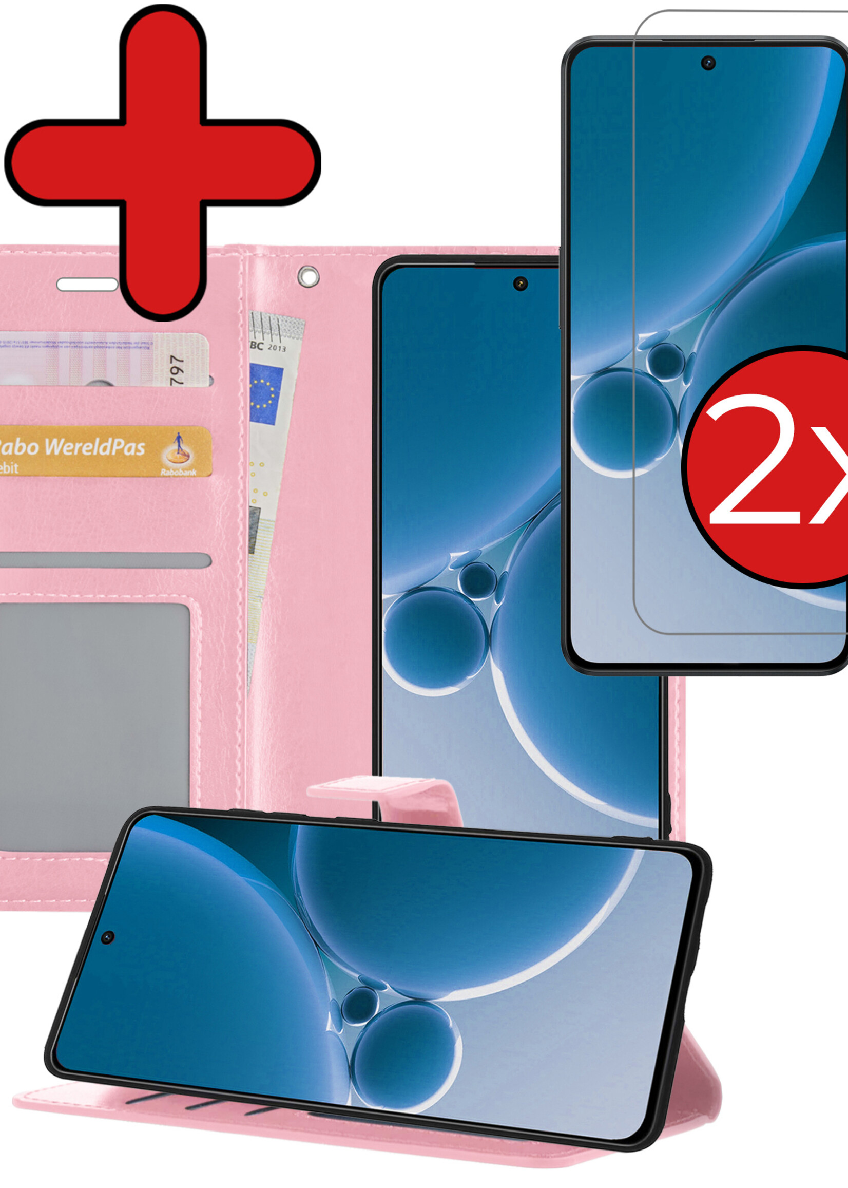 BTH Hoesje Geschikt voor OnePlus Nord 3 Hoesje Book Case Hoes Portemonnee Cover Walletcase Met 2x Screenprotector - Hoes Geschikt voor OnePlus Nord 3 Hoes Bookcase Hoesje - Lichtroze