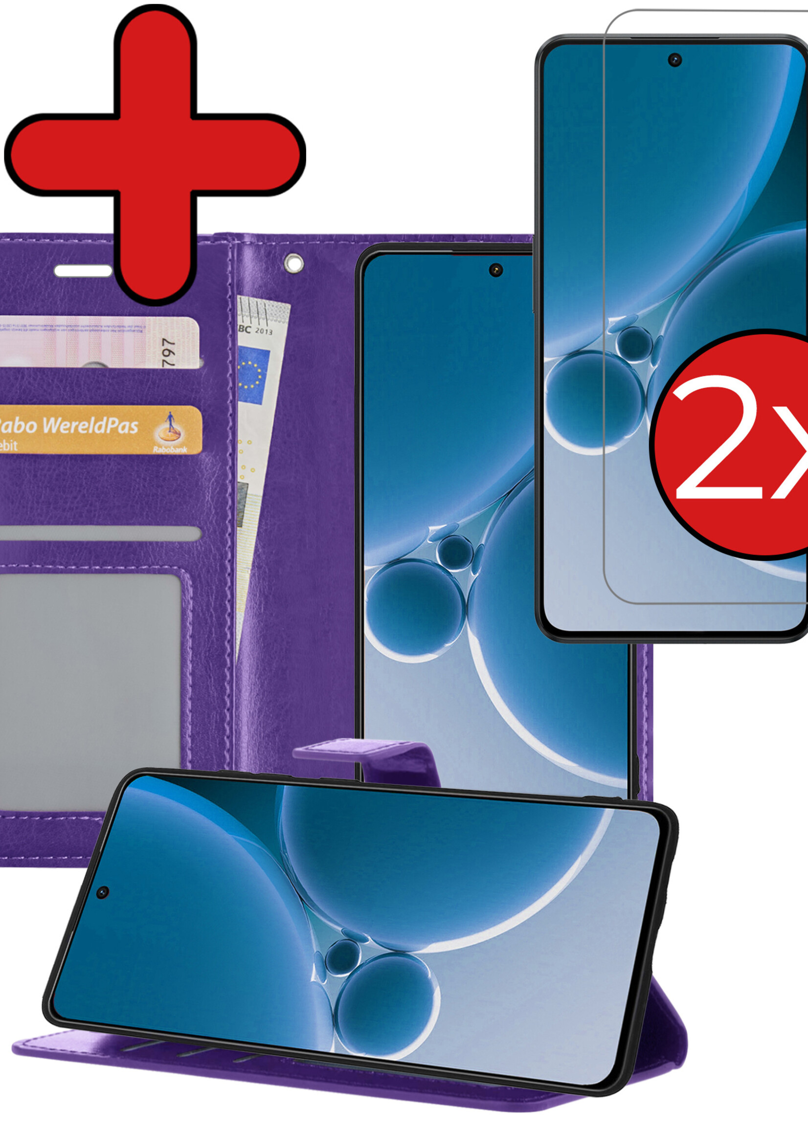 BTH Hoesje Geschikt voor OnePlus Nord 3 Hoesje Book Case Hoes Portemonnee Cover Walletcase Met 2x Screenprotector - Hoes Geschikt voor OnePlus Nord 3 Hoes Bookcase Hoesje - Paars