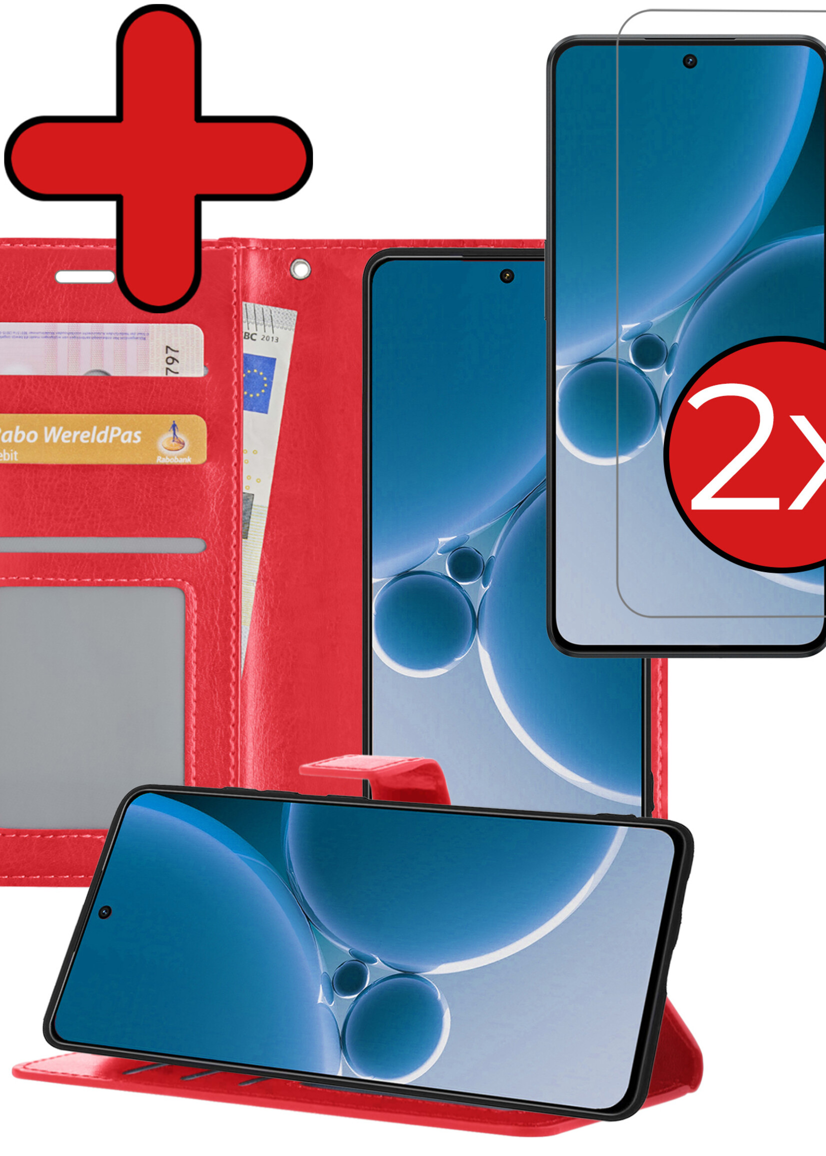 BTH Hoesje Geschikt voor OnePlus Nord 3 Hoesje Book Case Hoes Portemonnee Cover Walletcase Met 2x Screenprotector - Hoes Geschikt voor OnePlus Nord 3 Hoes Bookcase Hoesje - Rood