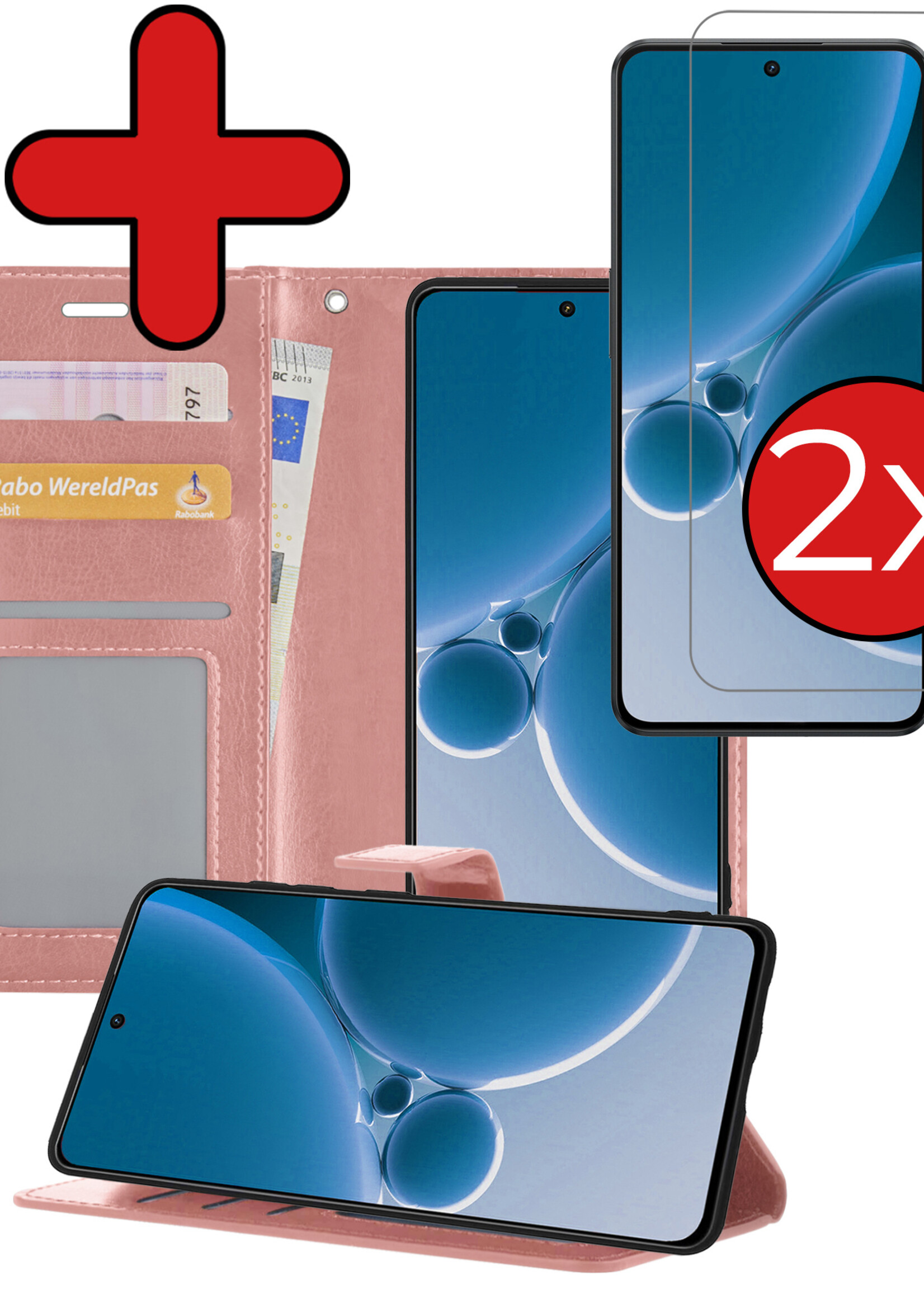 BTH Hoesje Geschikt voor OnePlus Nord 3 Hoesje Book Case Hoes Portemonnee Cover Walletcase Met 2x Screenprotector - Hoes Geschikt voor OnePlus Nord 3 Hoes Bookcase Hoesje - Rosé goud