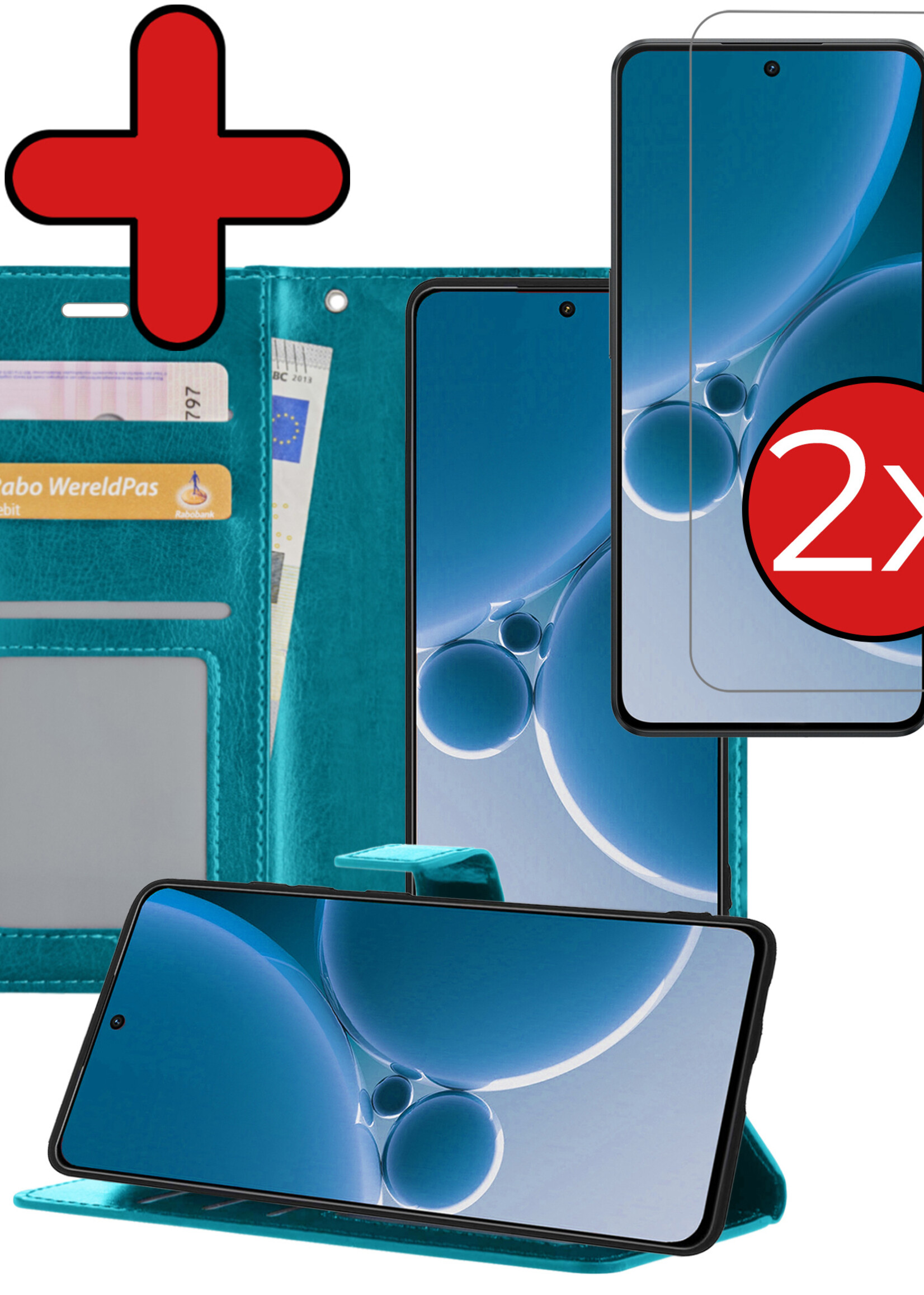 BTH Hoesje Geschikt voor OnePlus Nord 3 Hoesje Book Case Hoes Portemonnee Cover Walletcase Met 2x Screenprotector - Hoes Geschikt voor OnePlus Nord 3 Hoes Bookcase Hoesje - Turquoise