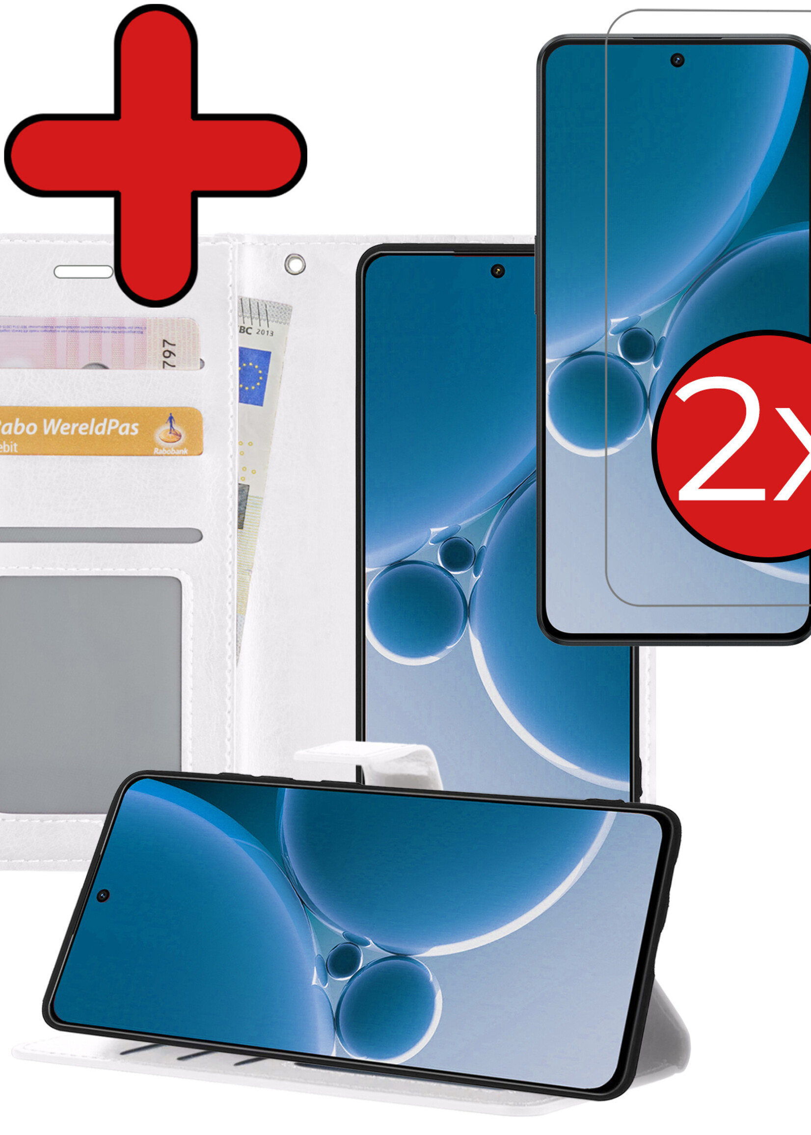 BTH Hoesje Geschikt voor OnePlus Nord 3 Hoesje Book Case Hoes Portemonnee Cover Walletcase Met 2x Screenprotector - Hoes Geschikt voor OnePlus Nord 3 Hoes Bookcase Hoesje - Wit