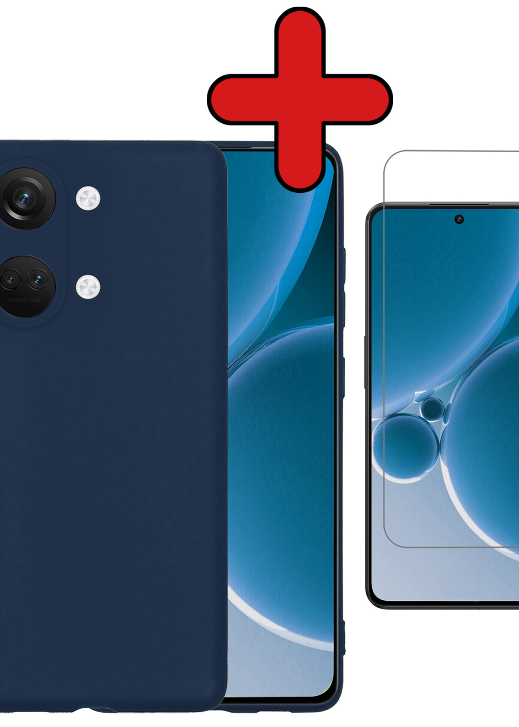 BTH Hoesje Geschikt voor OnePlus Nord 3 Hoesje Siliconen Case Hoes Met Screenprotector - Hoes Geschikt voor OnePlus Nord 3 Hoes Cover Case - Donkerblauw