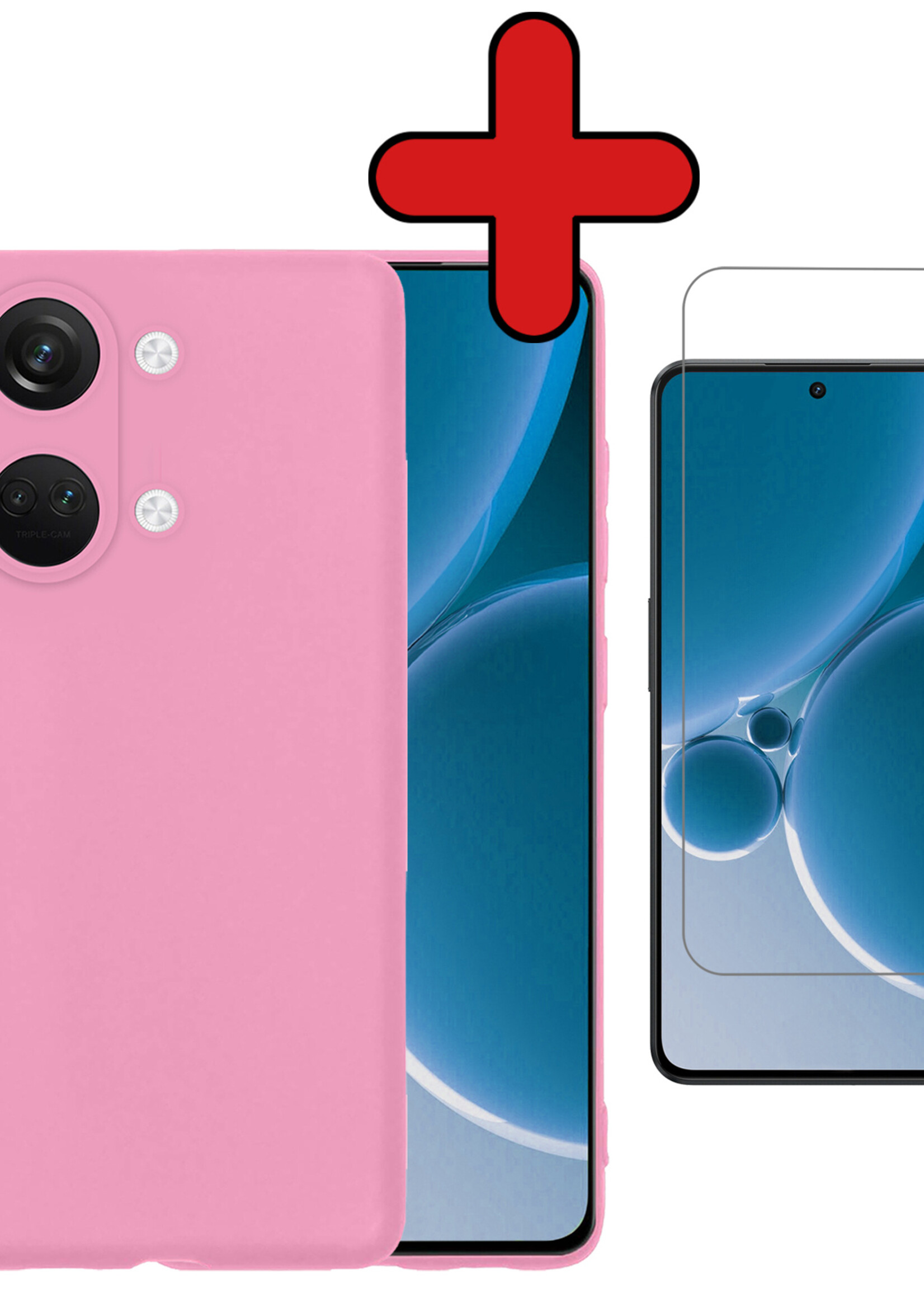 BTH Hoesje Geschikt voor OnePlus Nord 3 Hoesje Siliconen Case Hoes Met Screenprotector - Hoes Geschikt voor OnePlus Nord 3 Hoes Cover Case - Lichtroze