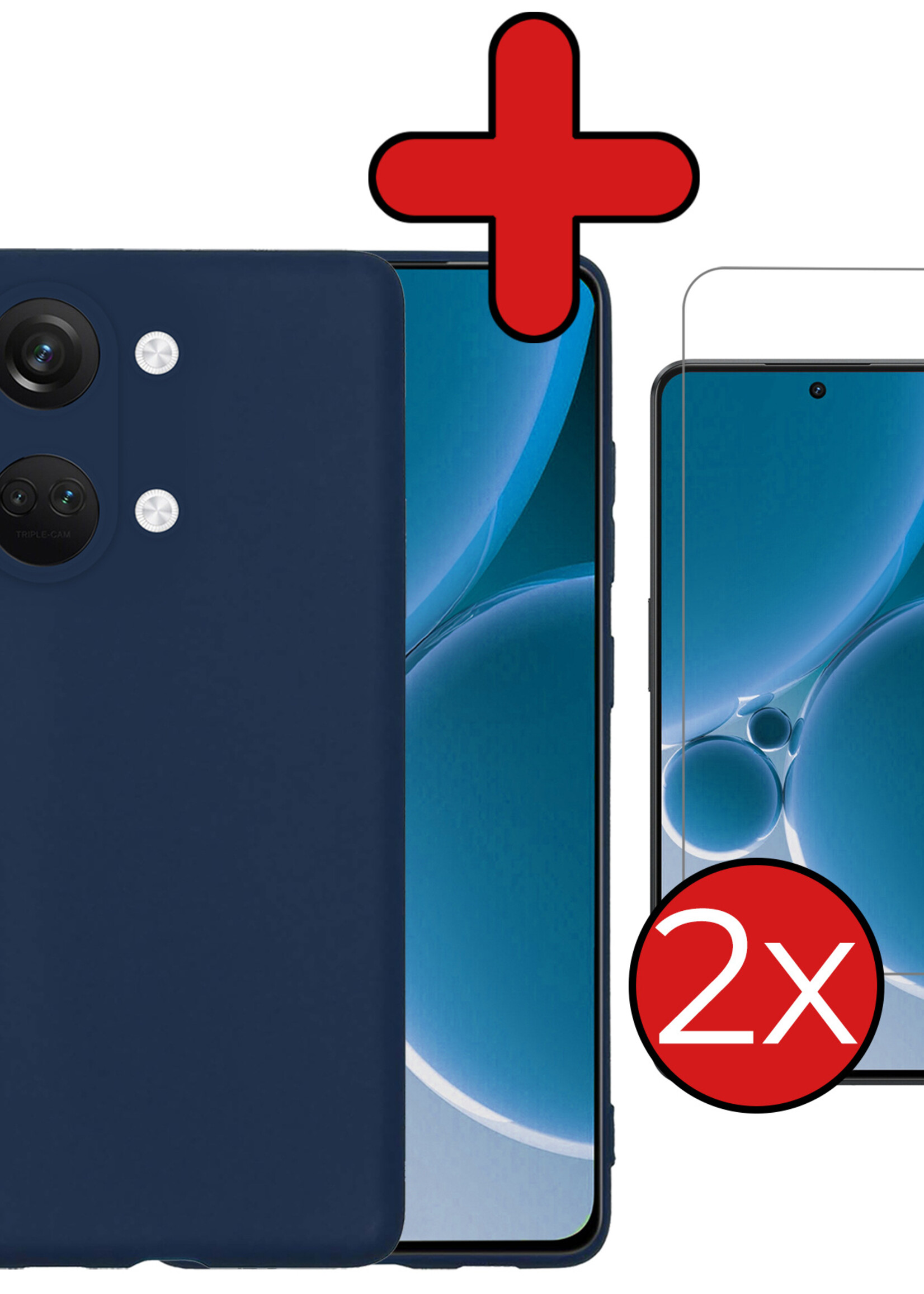 BTH Hoesje Geschikt voor OnePlus Nord 3 Hoesje Siliconen Case Hoes Met 2x Screenprotector - Hoes Geschikt voor OnePlus Nord 3 Hoes Cover Case - Donkerblauw