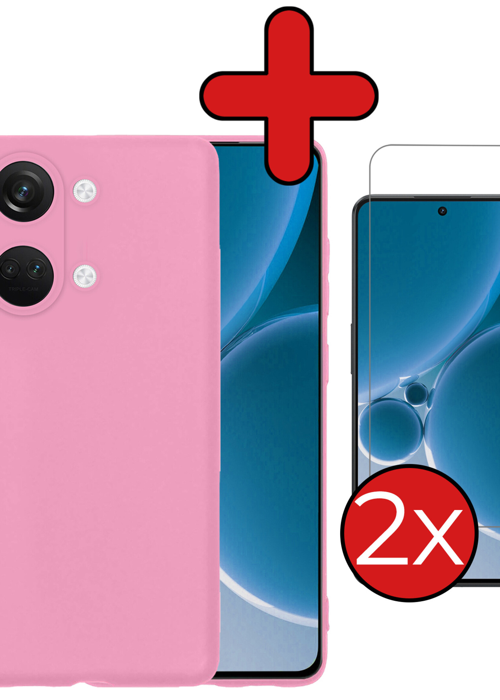 BTH Hoesje Geschikt voor OnePlus Nord 3 Hoesje Siliconen Case Hoes Met 2x Screenprotector - Hoes Geschikt voor OnePlus Nord 3 Hoes Cover Case - Lichtroze