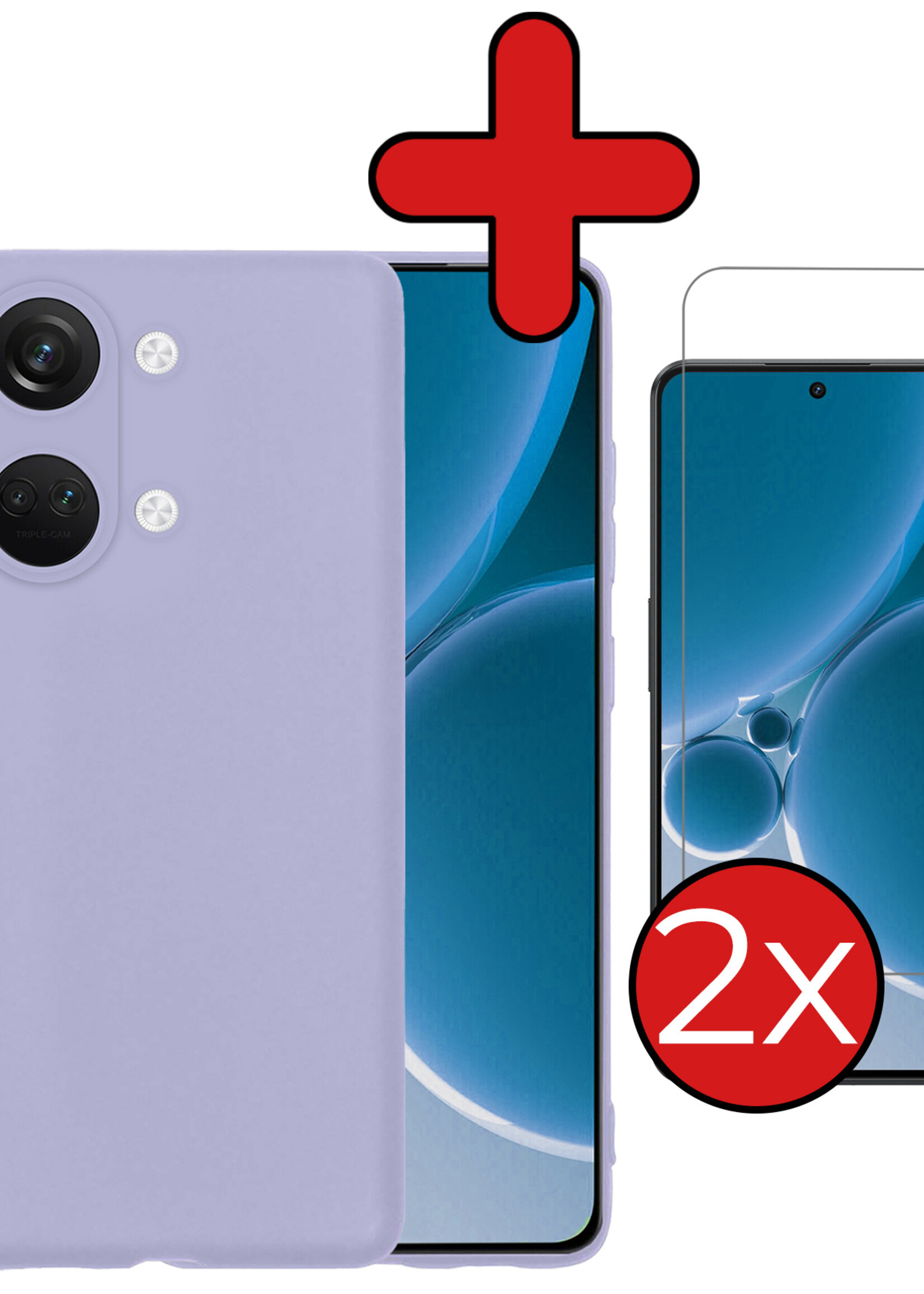 BTH Hoesje Geschikt voor OnePlus Nord 3 Hoesje Siliconen Case Hoes Met 2x Screenprotector - Hoes Geschikt voor OnePlus Nord 3 Hoes Cover Case - Lila