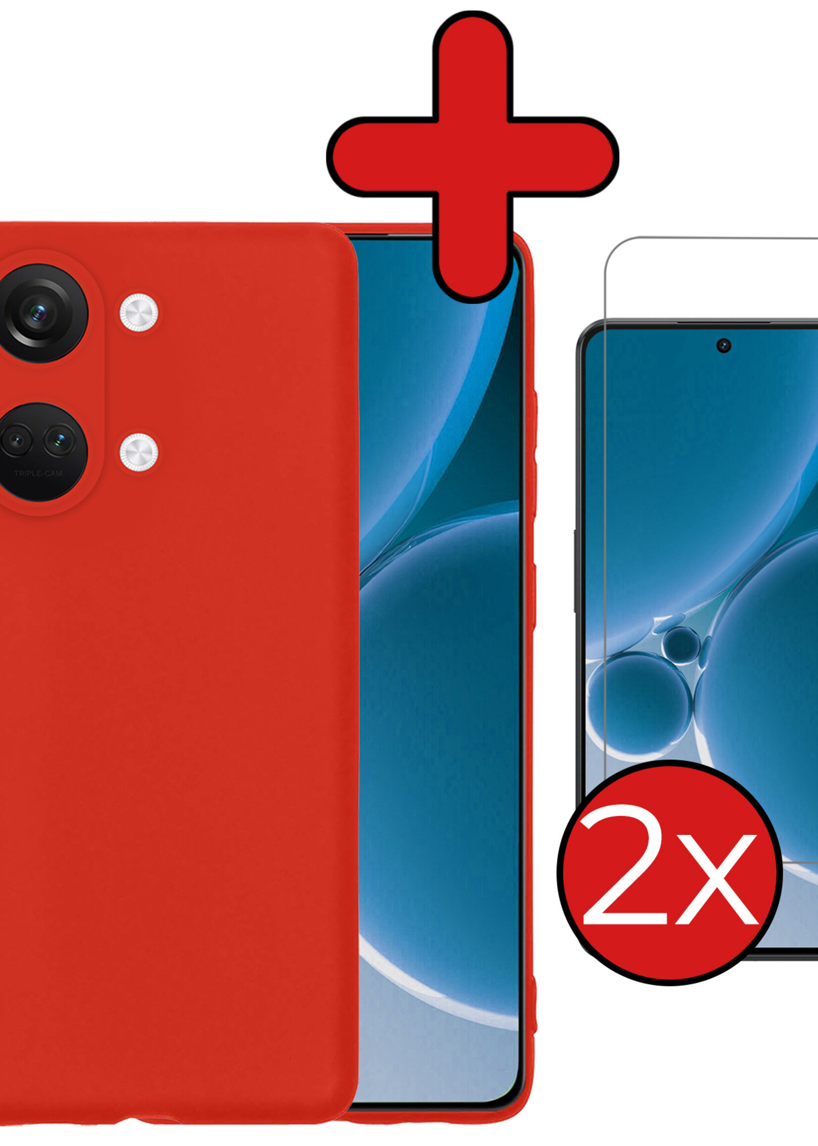 BTH Hoesje Geschikt voor OnePlus Nord 3 Hoesje Siliconen Case Hoes Met 2x Screenprotector - Hoes Geschikt voor OnePlus Nord 3 Hoes Cover Case - Rood