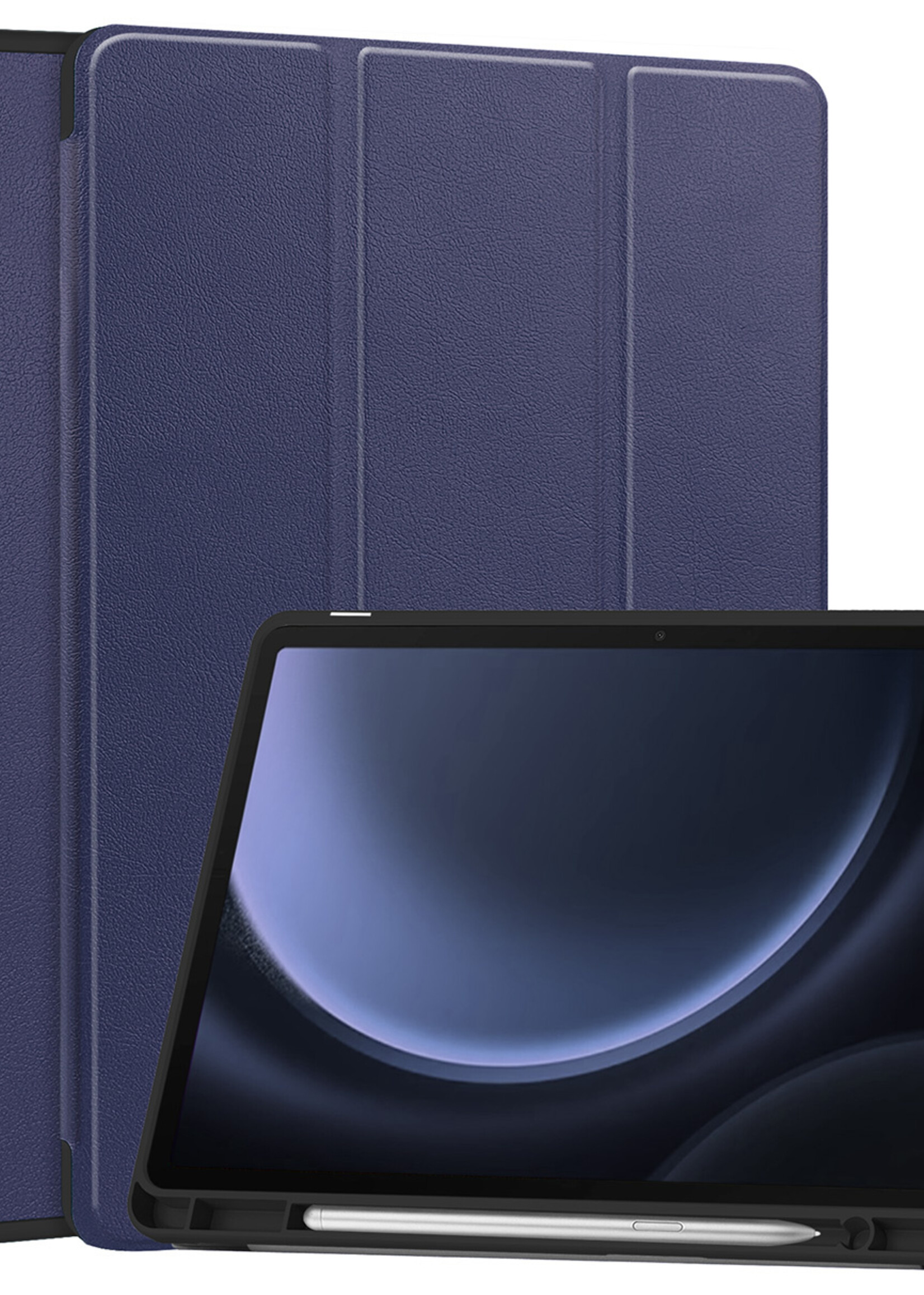 BTH Hoes Geschikt voor Samsung Galaxy Tab S9 FE Hoes Book Case Hoesje Trifold Cover Met Uitsparing Geschikt voor S Pen - Hoesje Geschikt voor Samsung Tab S9 FE Hoesje Bookcase - Donkerblauw