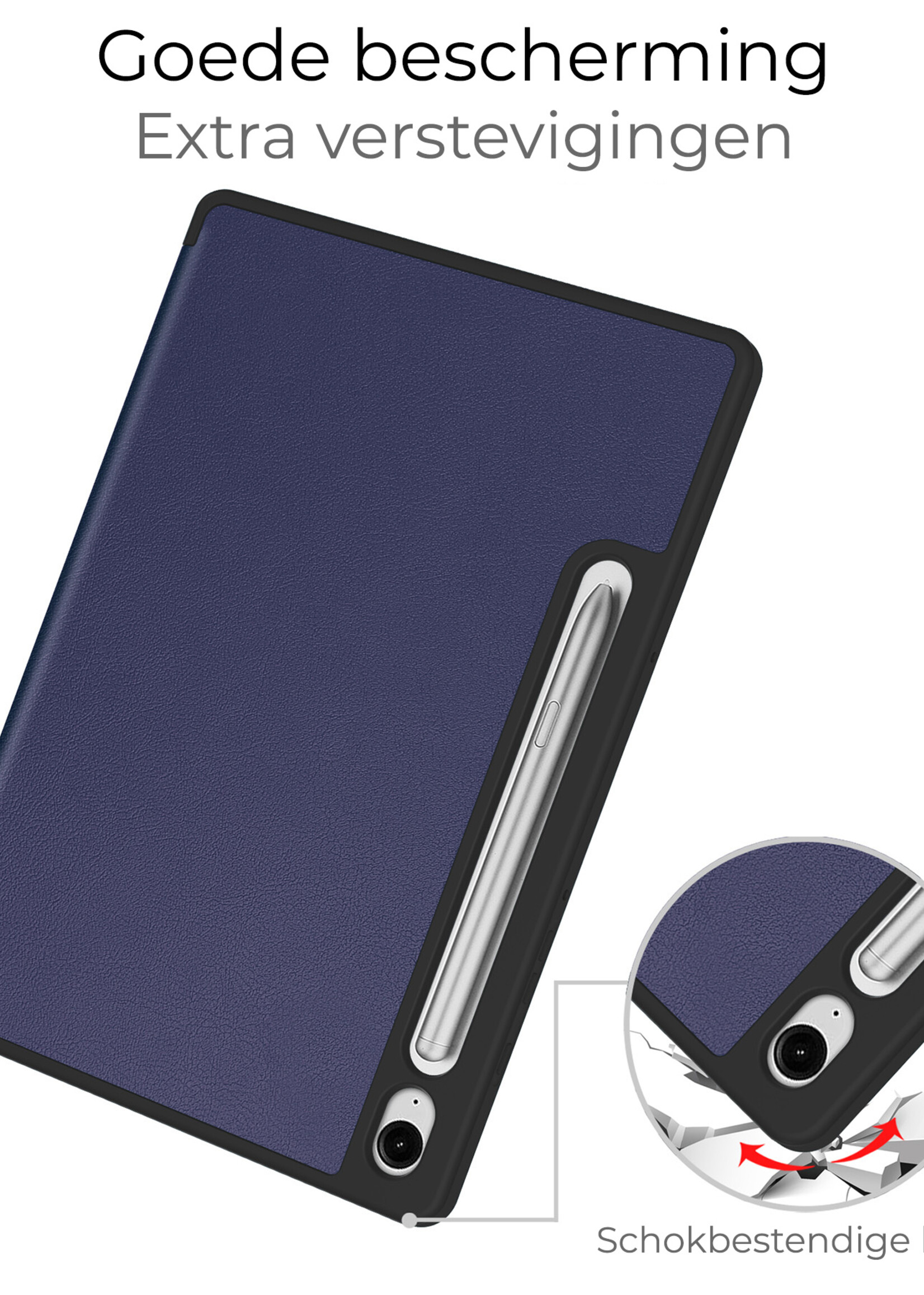 BTH Hoes Geschikt voor Samsung Galaxy Tab S9 FE Hoes Book Case Hoesje Trifold Cover Met Uitsparing Geschikt voor S Pen - Hoesje Geschikt voor Samsung Tab S9 FE Hoesje Bookcase - Donkerblauw