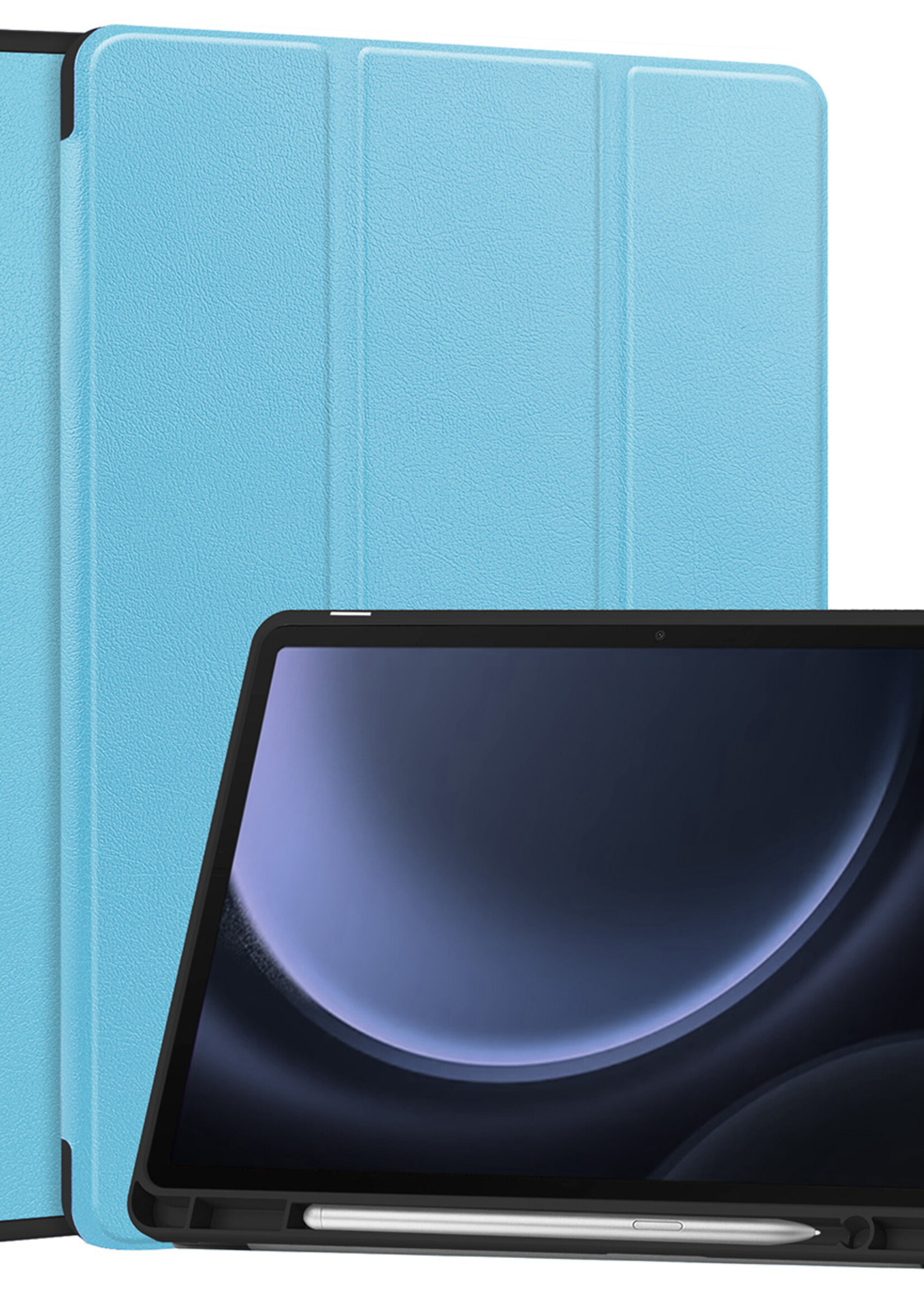 BTH Hoes Geschikt voor Samsung Galaxy Tab S9 FE Hoes Book Case Hoesje Trifold Cover Met Uitsparing Geschikt voor S Pen - Hoesje Geschikt voor Samsung Tab S9 FE Hoesje Bookcase - Lichtblauw